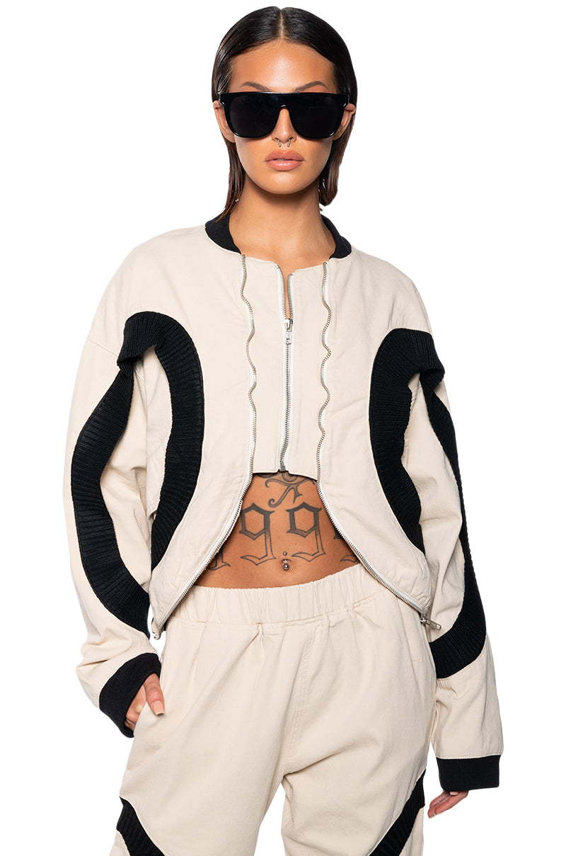 CURVE EFFECT RIB IVORY DENIM BOMBER