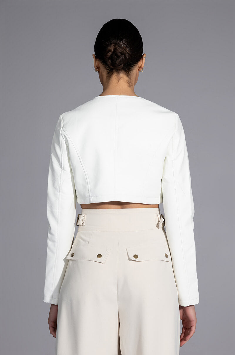 MASTER CROP ANGLE FAUX LEATHER BLAZER IN WHITE