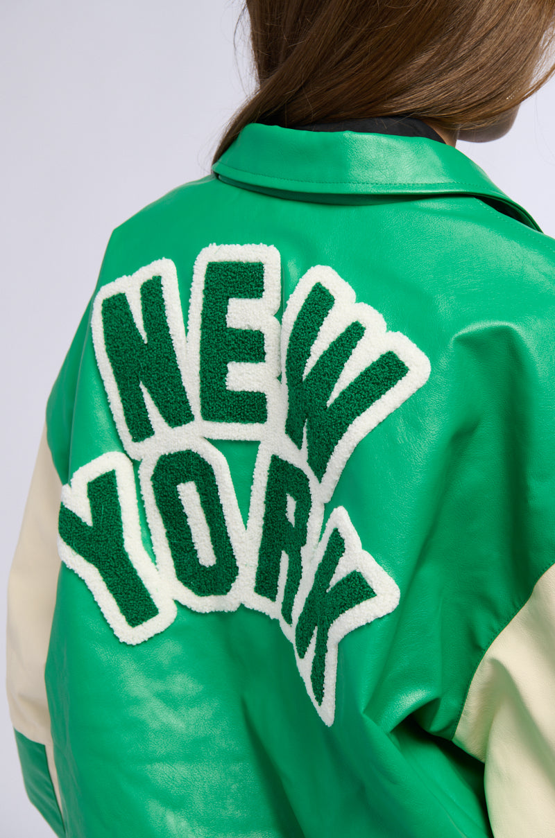 NUEVA YORK VARSITY PATCH FAUX LEATHER BOMBER JACKET