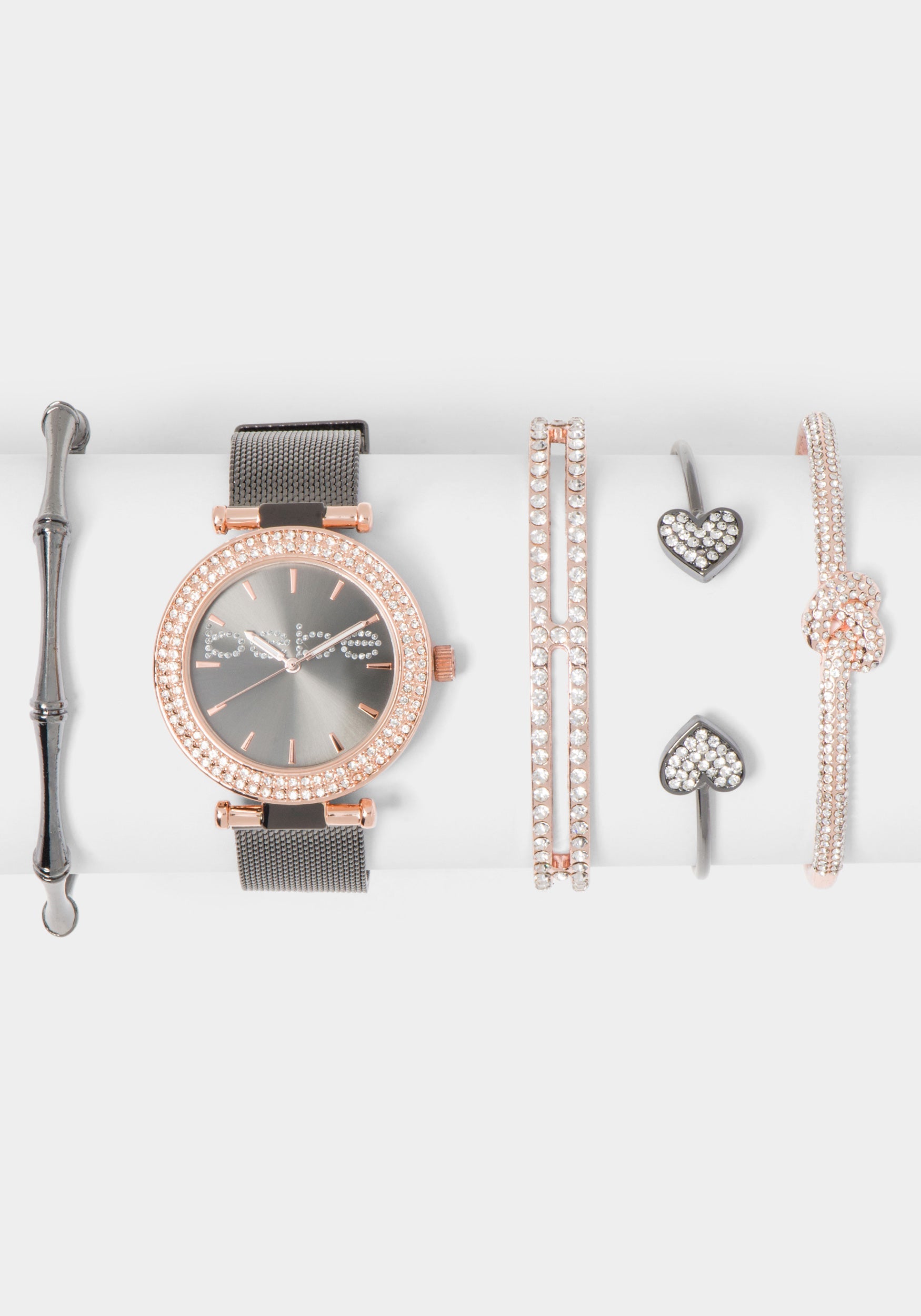 Black & Rose Gold Crystal Logo Watch Set