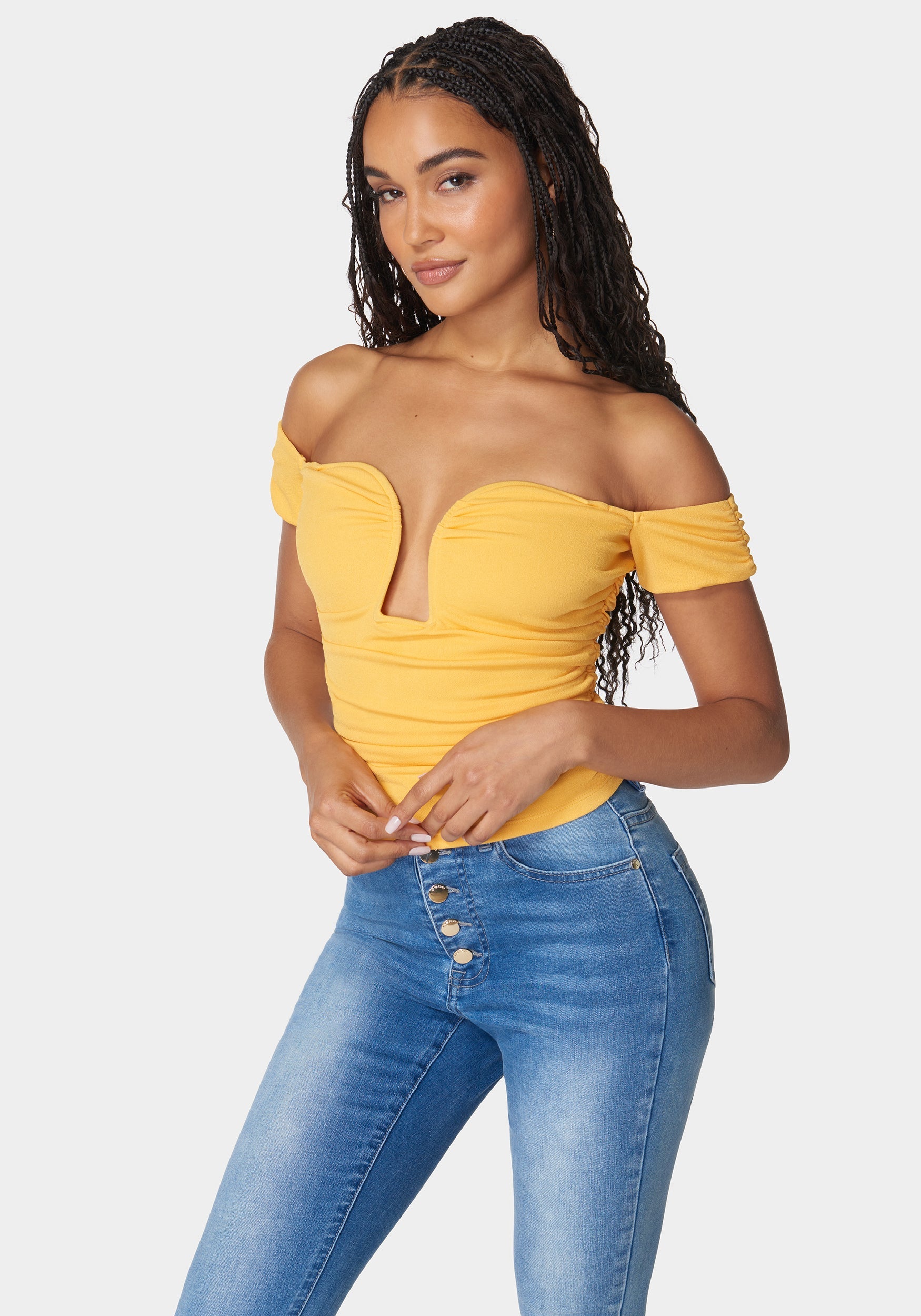 Ruched Cut Out Cold Shoulder Knit Top