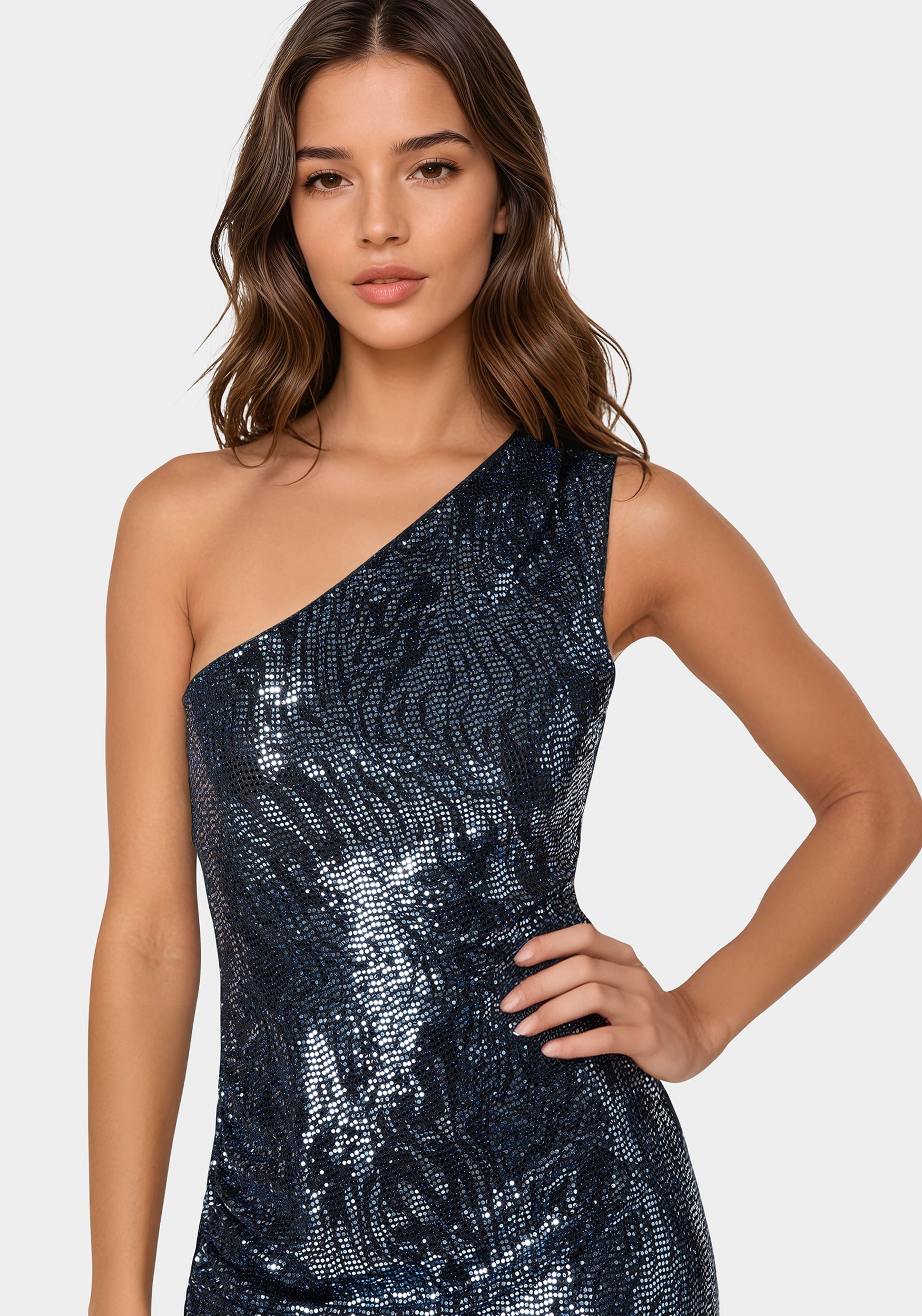 Zebra Sequin One Shoulder Midi Dress