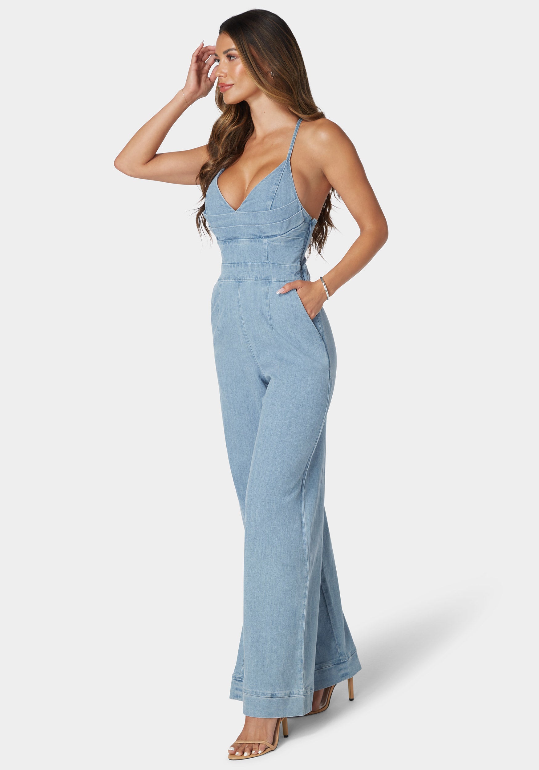 Plunging Vneck Full Wide Leg Denim Jumpsuit