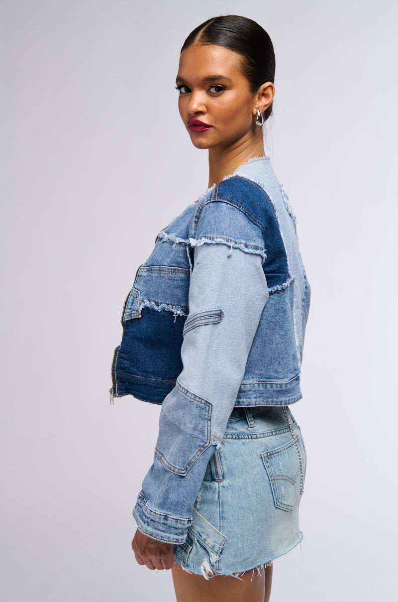 RUMOR HAS IT PATCHWORK DENIM BOMBER