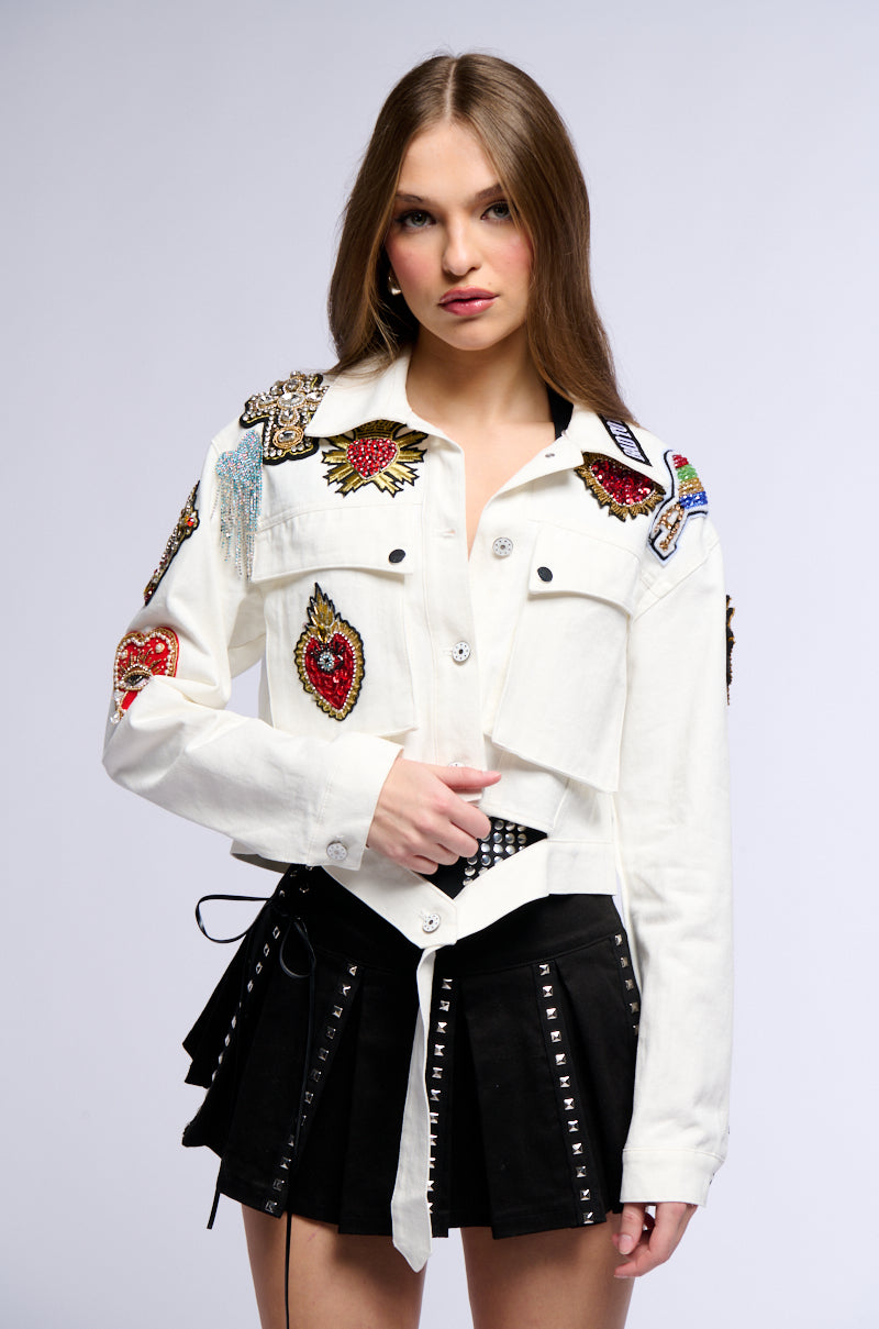 COUNT YOUR BLESSINGS CROP DENIM JACKET WITH PATCHES