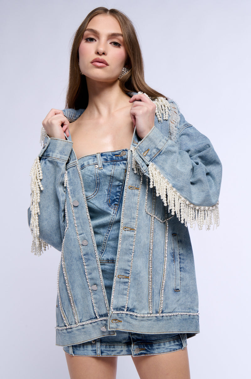 SHOW STOPPER PEARL EMBELLISHED DENIM JACKET