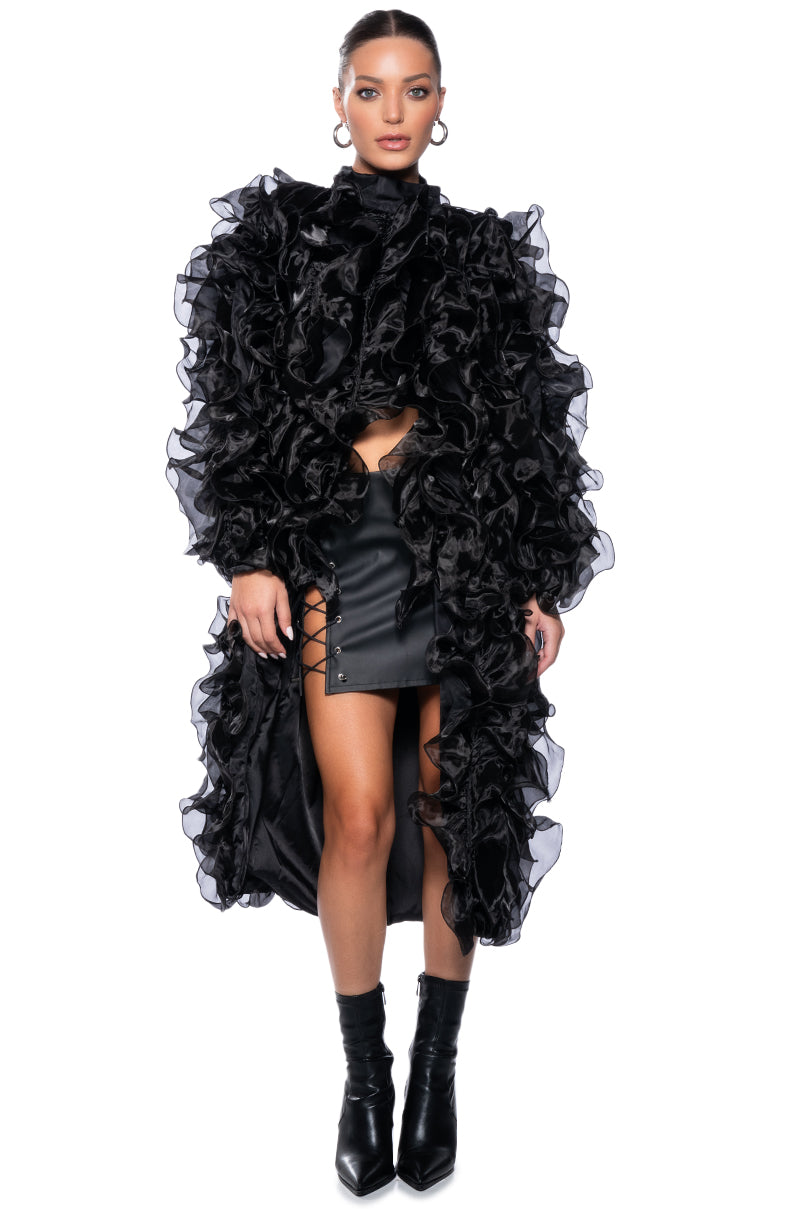 TAKE NOTES RUFFLE DUSTER IN BLACK