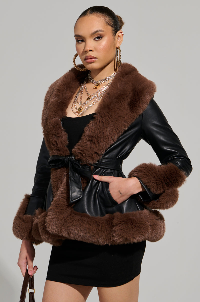 KENZY FUR TRIM PEPLUM MOTO IN BLACK BROWN