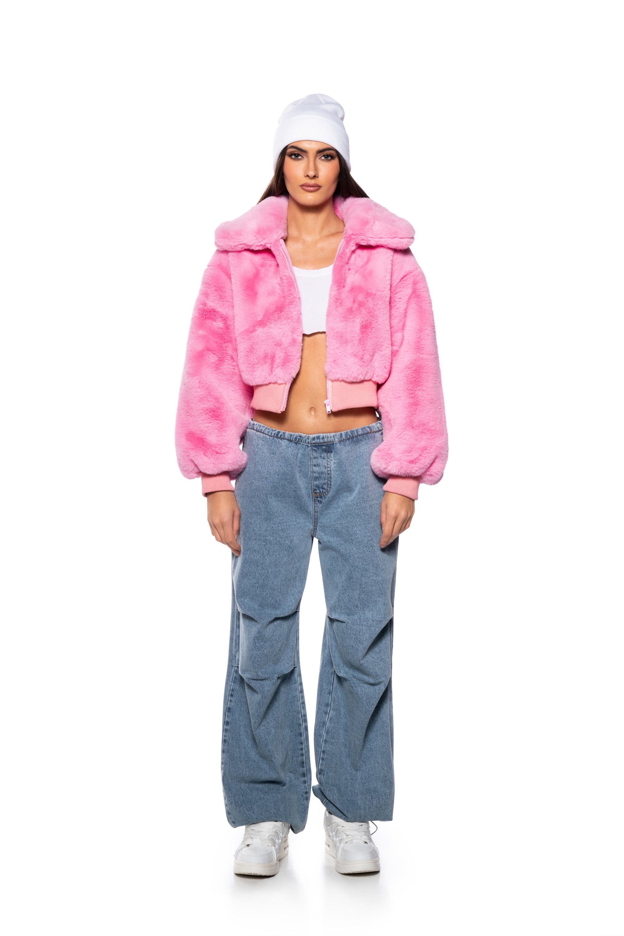 DREW FAUX FUR BOMBER WITH RIB TRIM