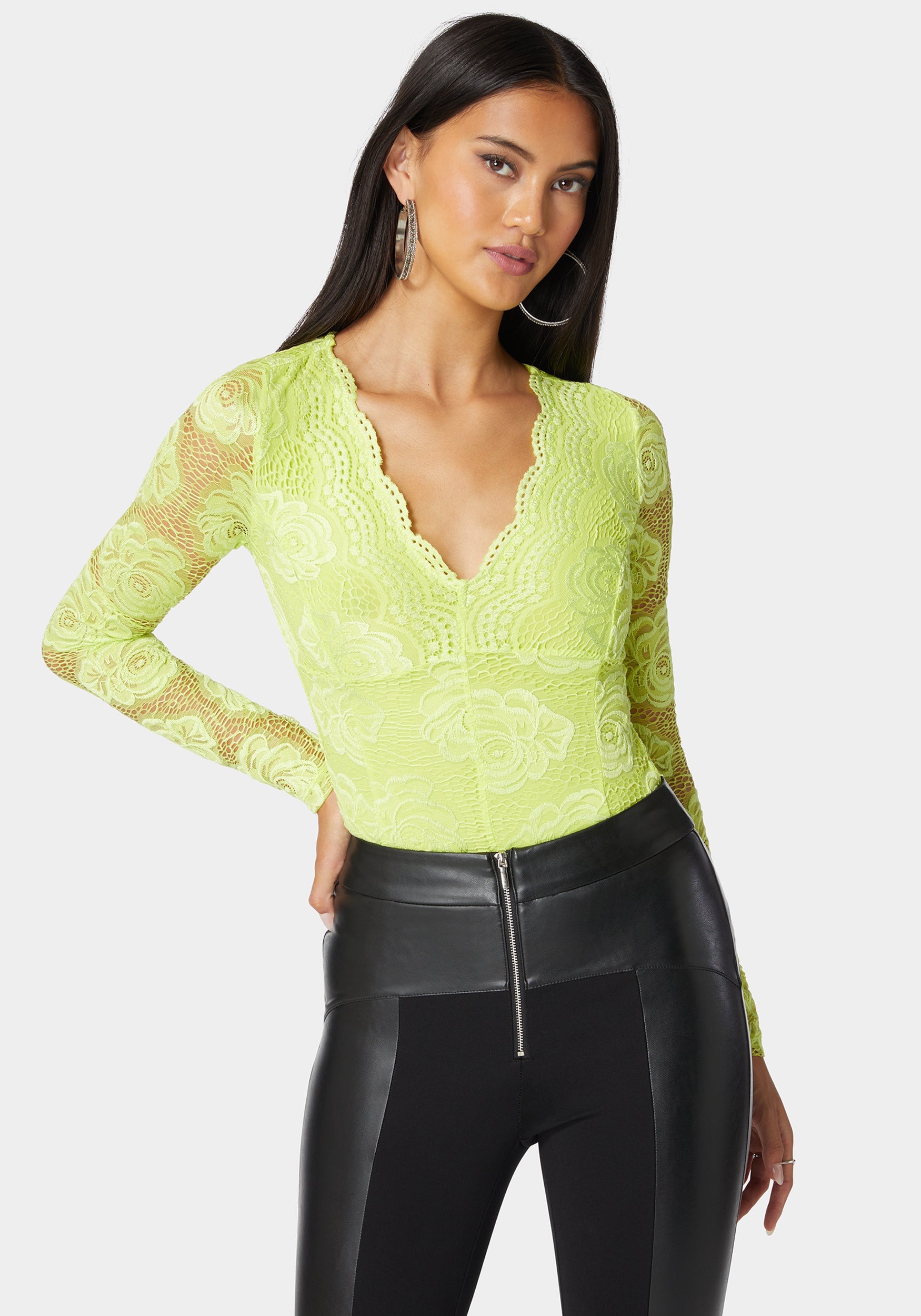 Scallop Edge Long Sleeve Lace Bodysuit