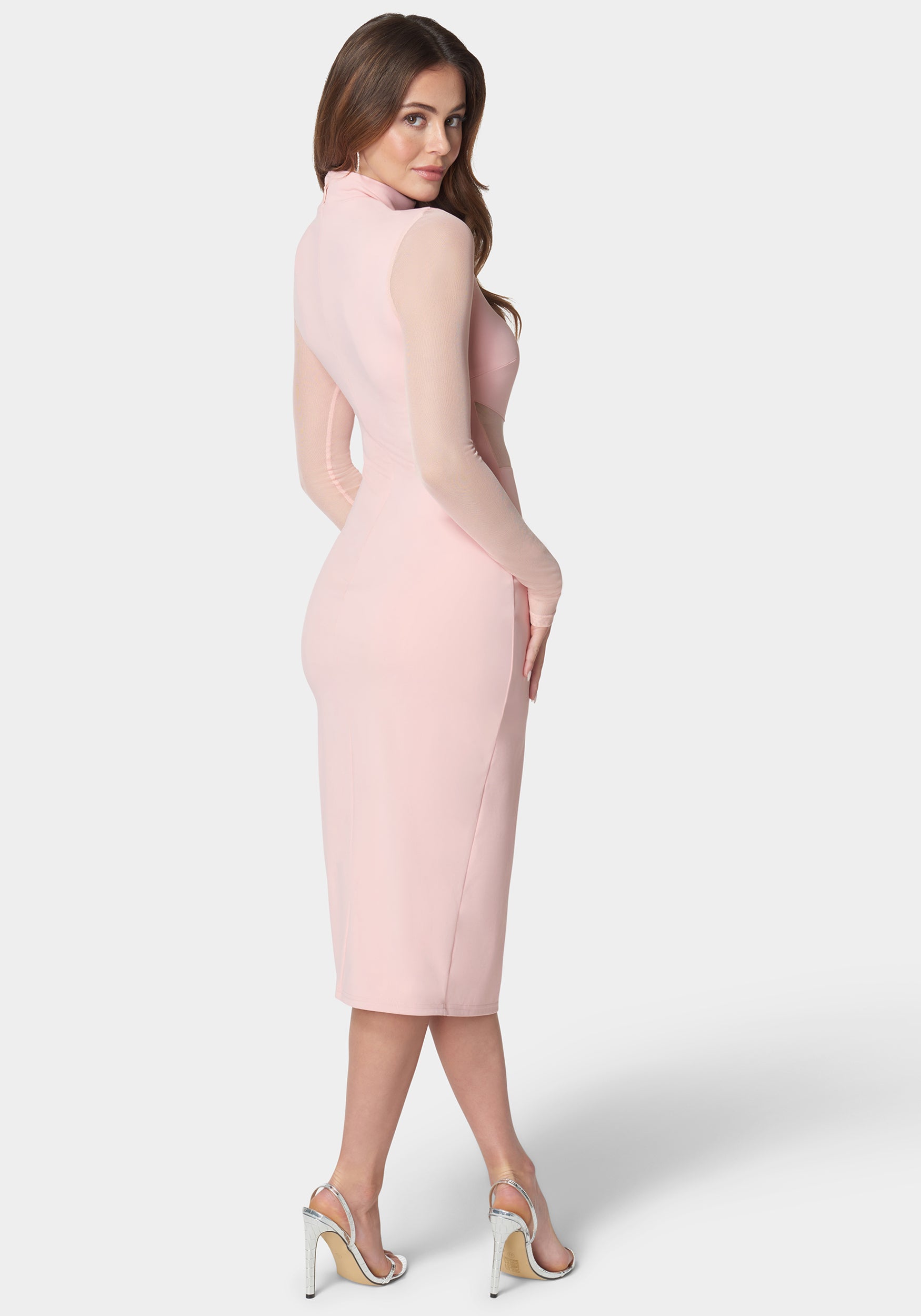 Mesh Inset Long Sleeve Midi Dress