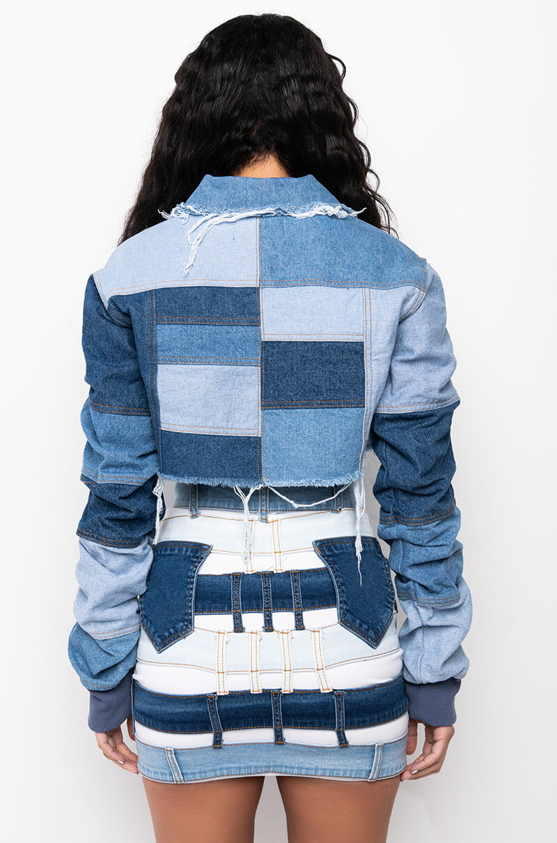 STACKED PATCH WORK CROP DENIM JACKET