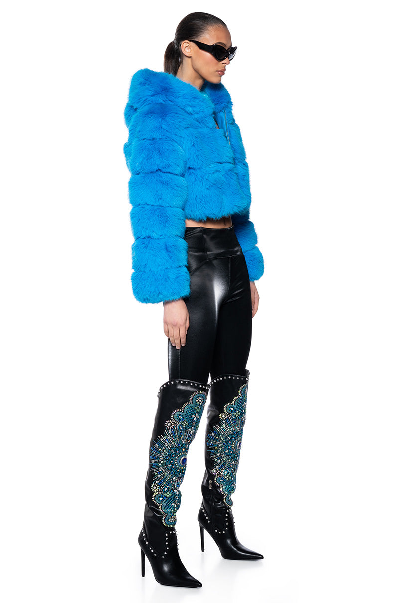 YETI FAUX FOX FUR COAT IN BLUE