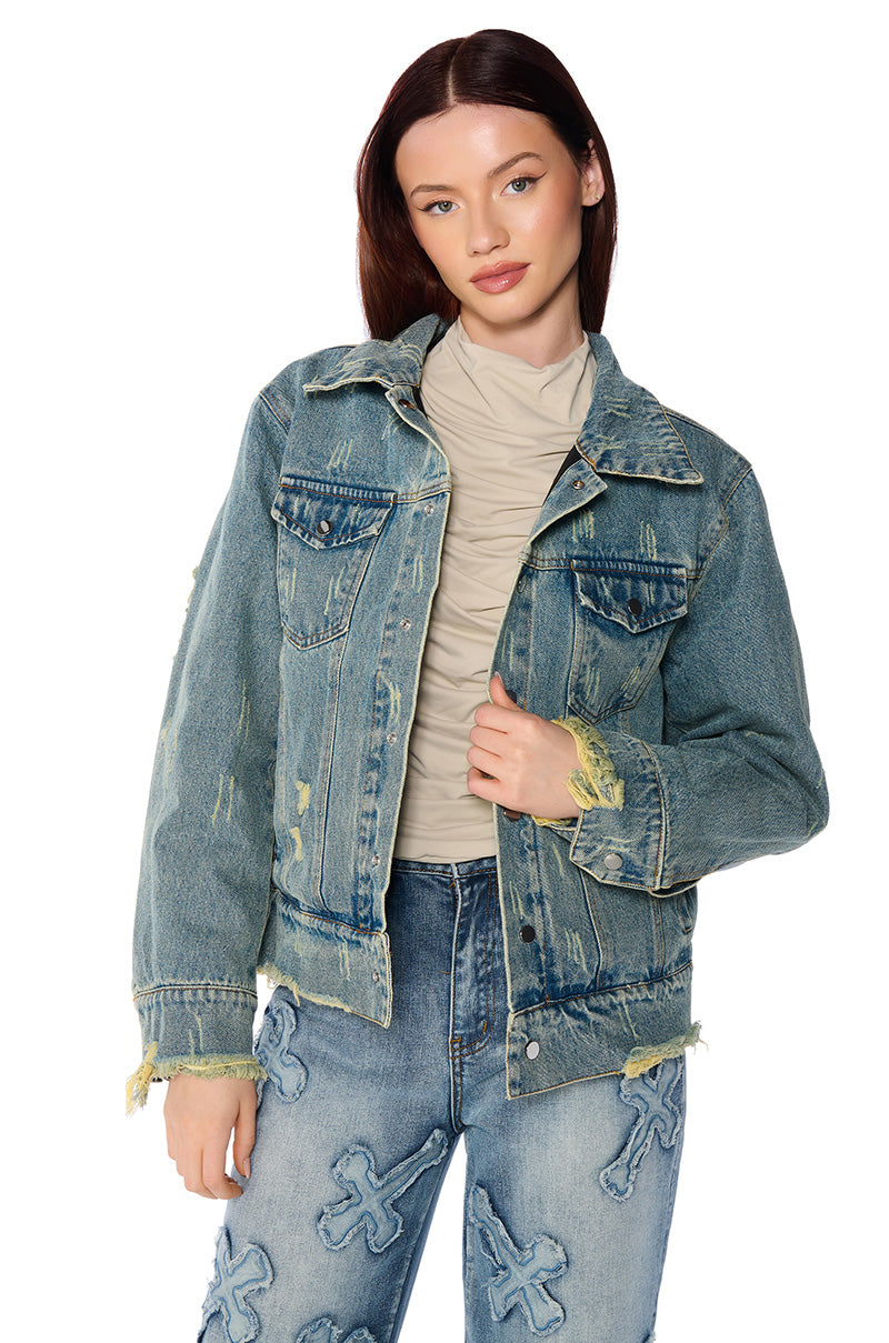 WORTH THE WAIT REVERSIBLE DENIM BOMBER JACKET