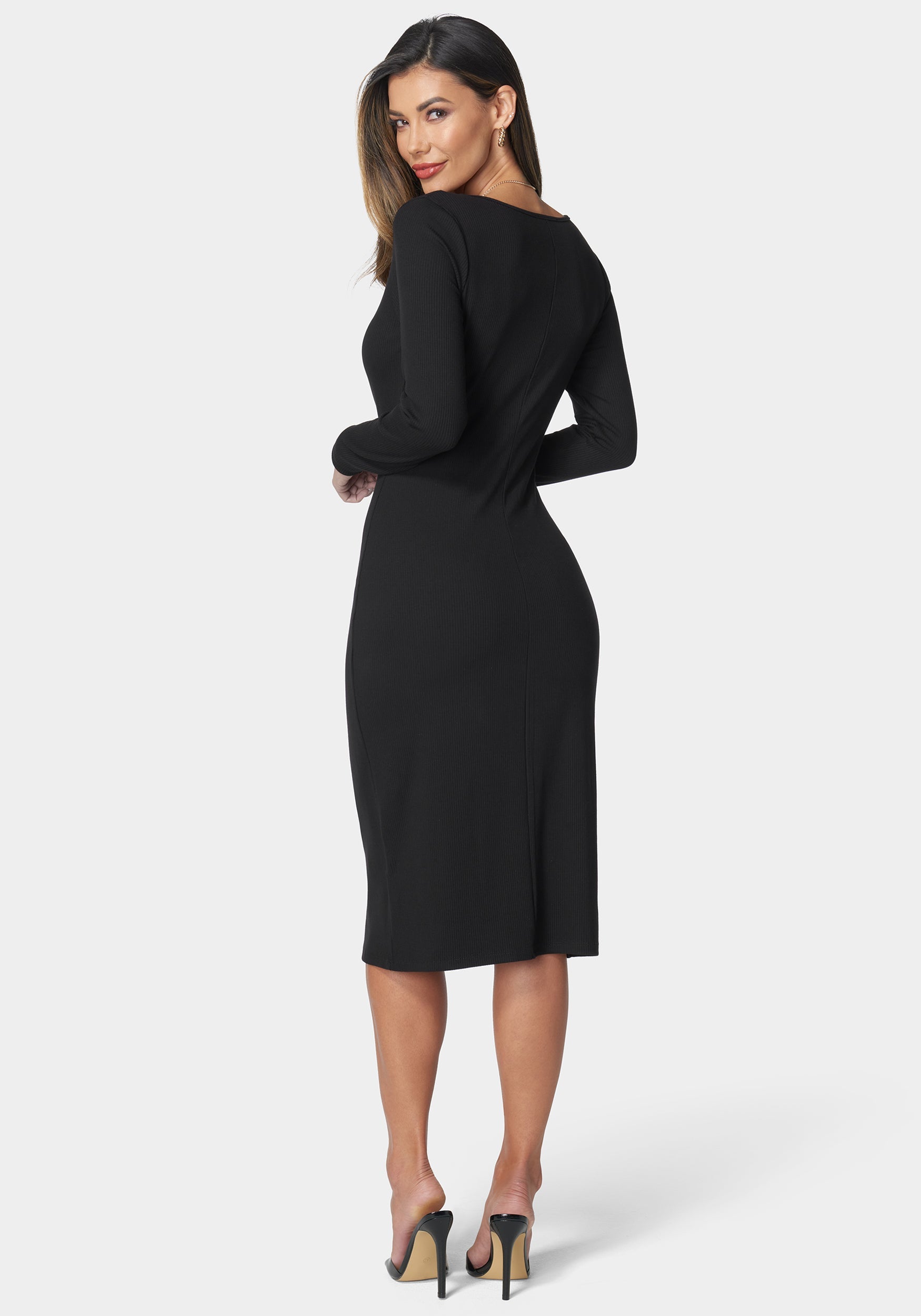 Long Sleeve Square Neck Rib Midi Dress