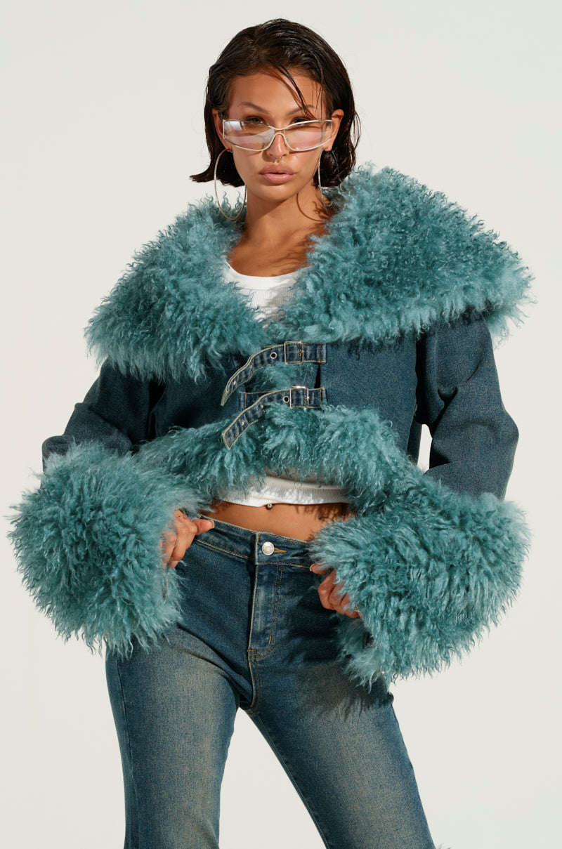 SIT PRETTY FUR TRIM DENIM JACKET