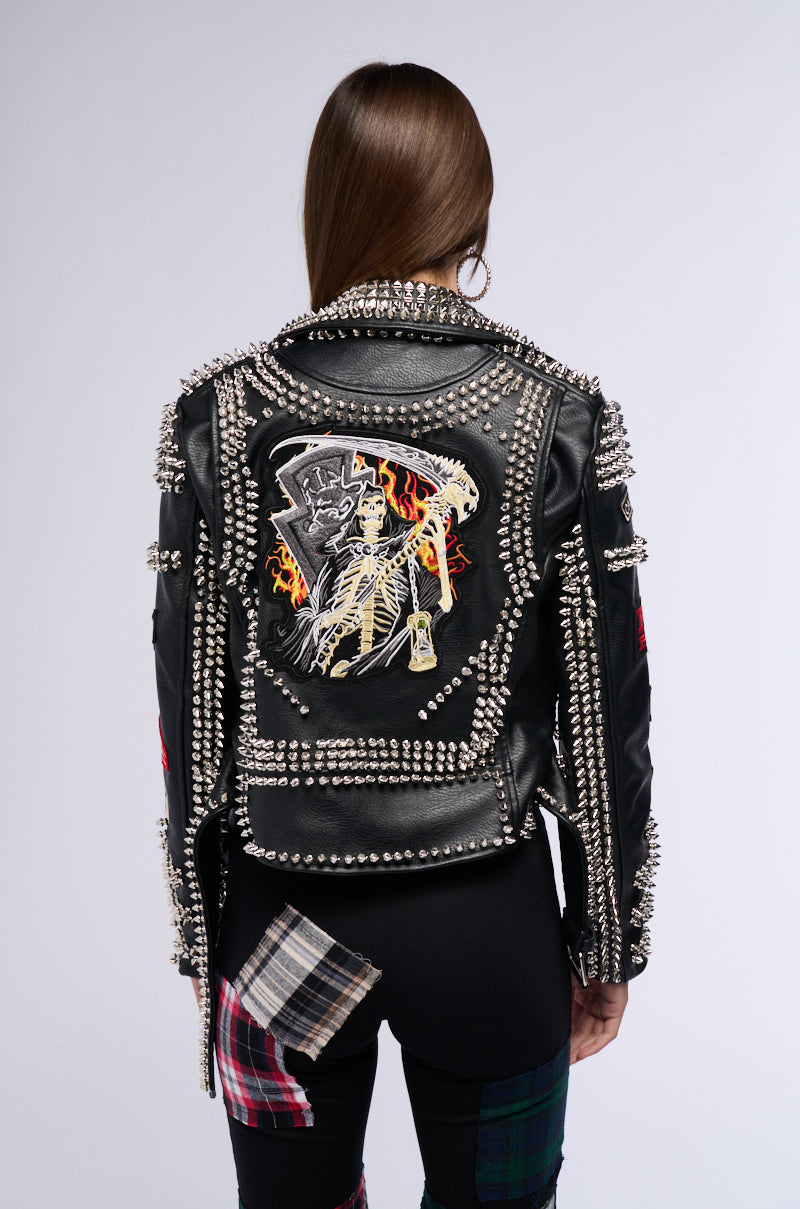 PUNK ROCK STUDDED PATCHWORK MOTO JACKET