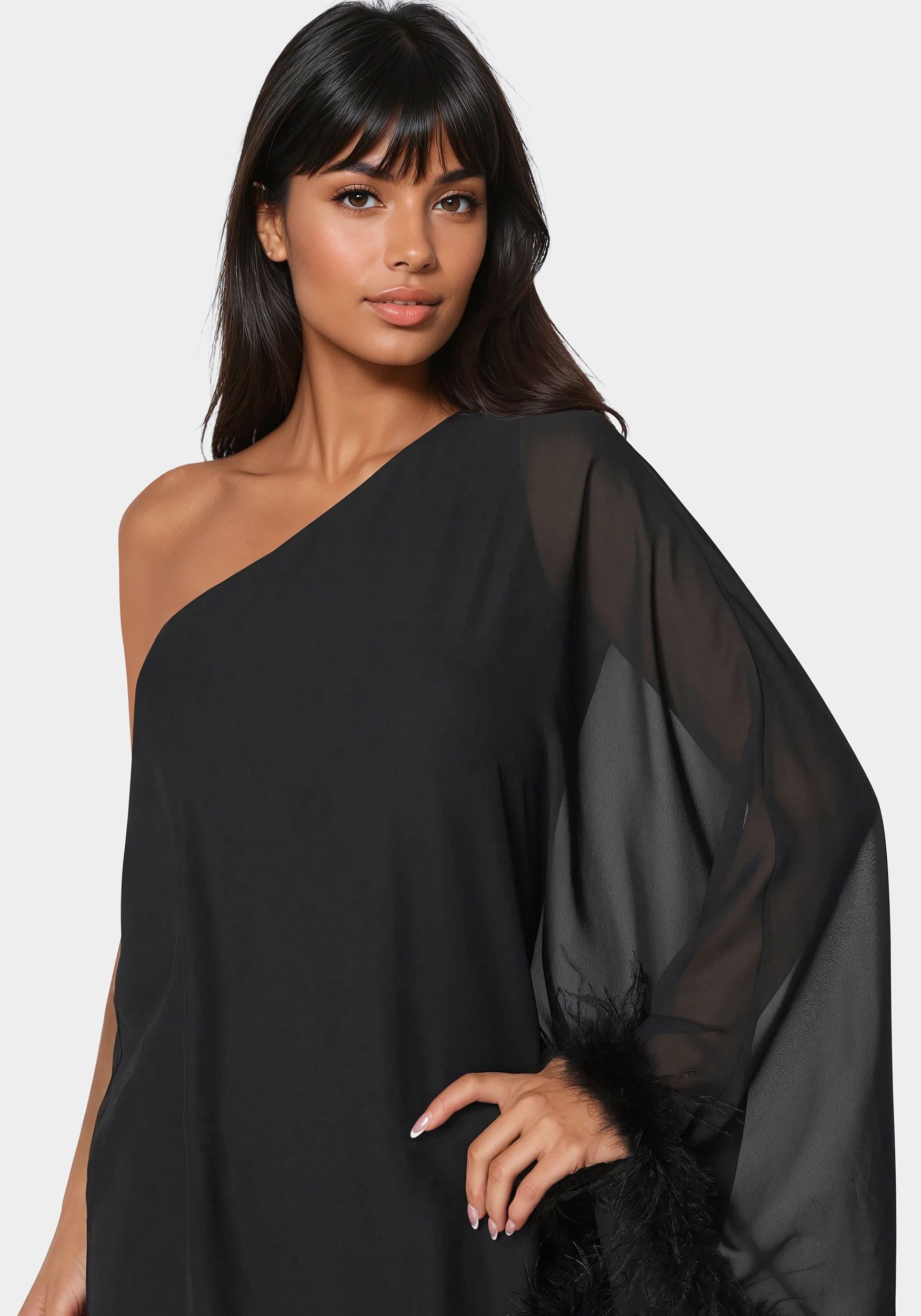 One Shoulder Feather Cape Dress