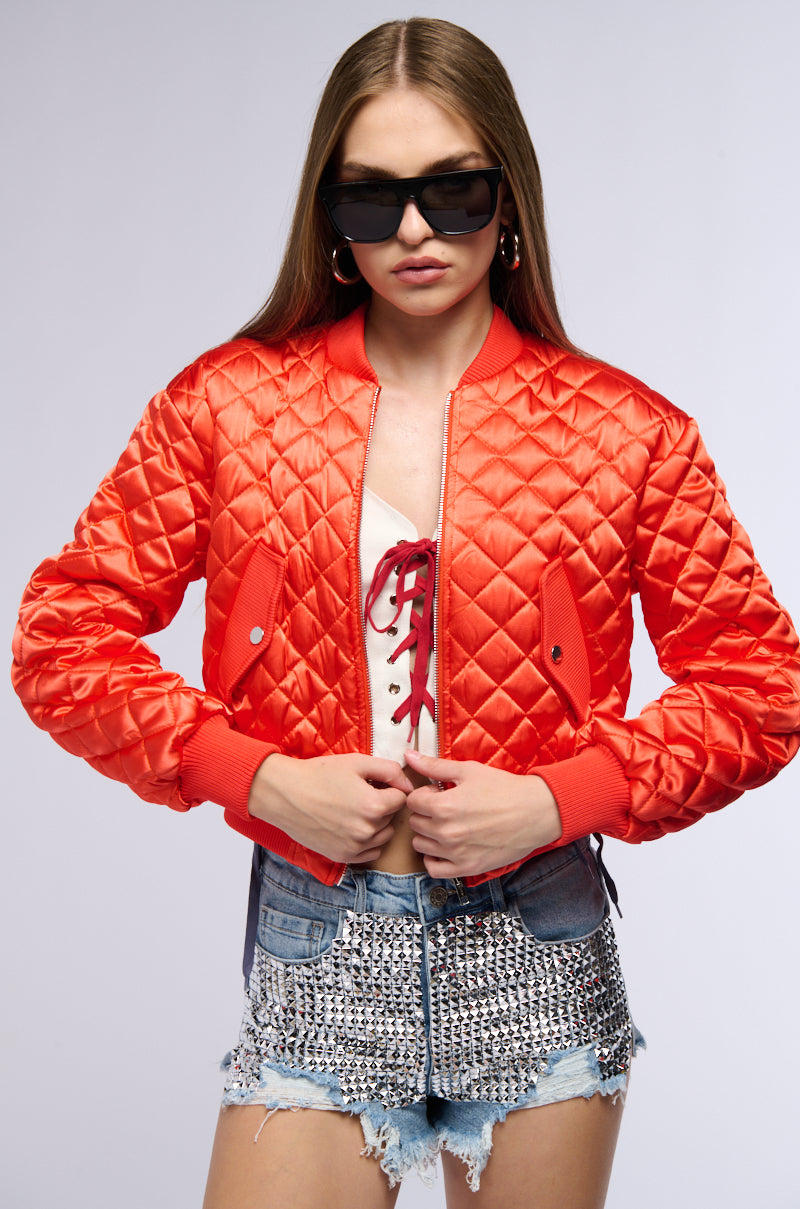 NEVER BETTER QUILTED SATIN BOMBER IN RED