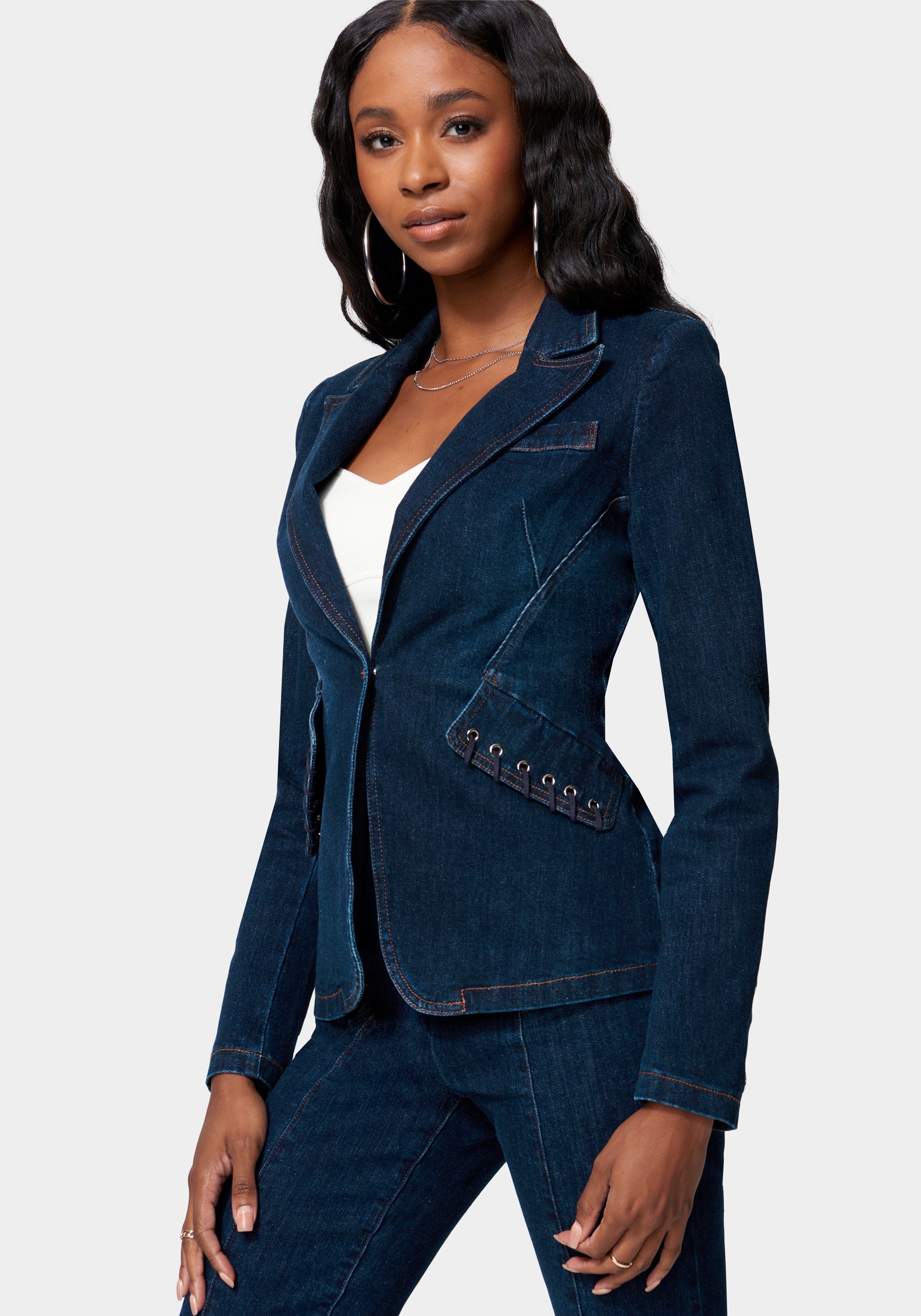 Eyelet Trim Tailored Denim Jacket