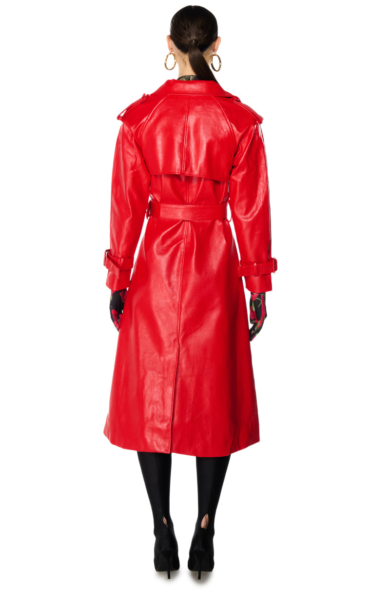 AU REVOIR FAUX LEATHER TRENCH IN RED