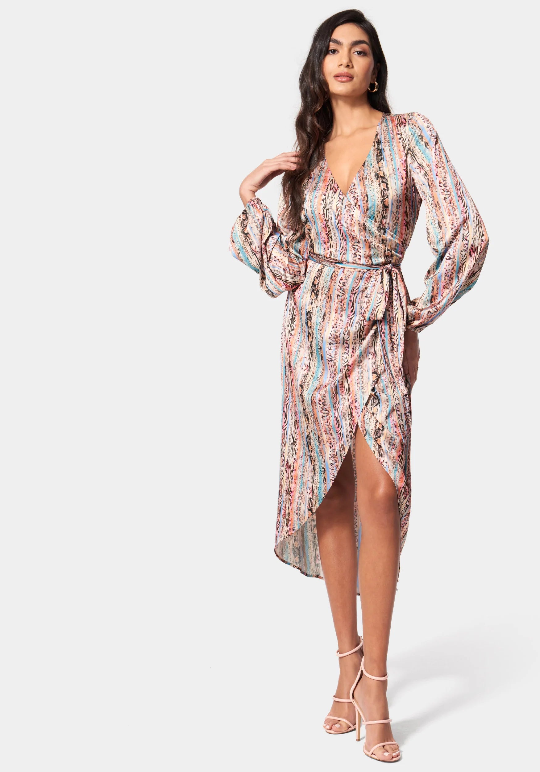 Printed Satin Wrap High Low Dress