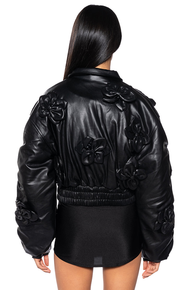 IN BLOOM FAUX LEATHER BOMBER