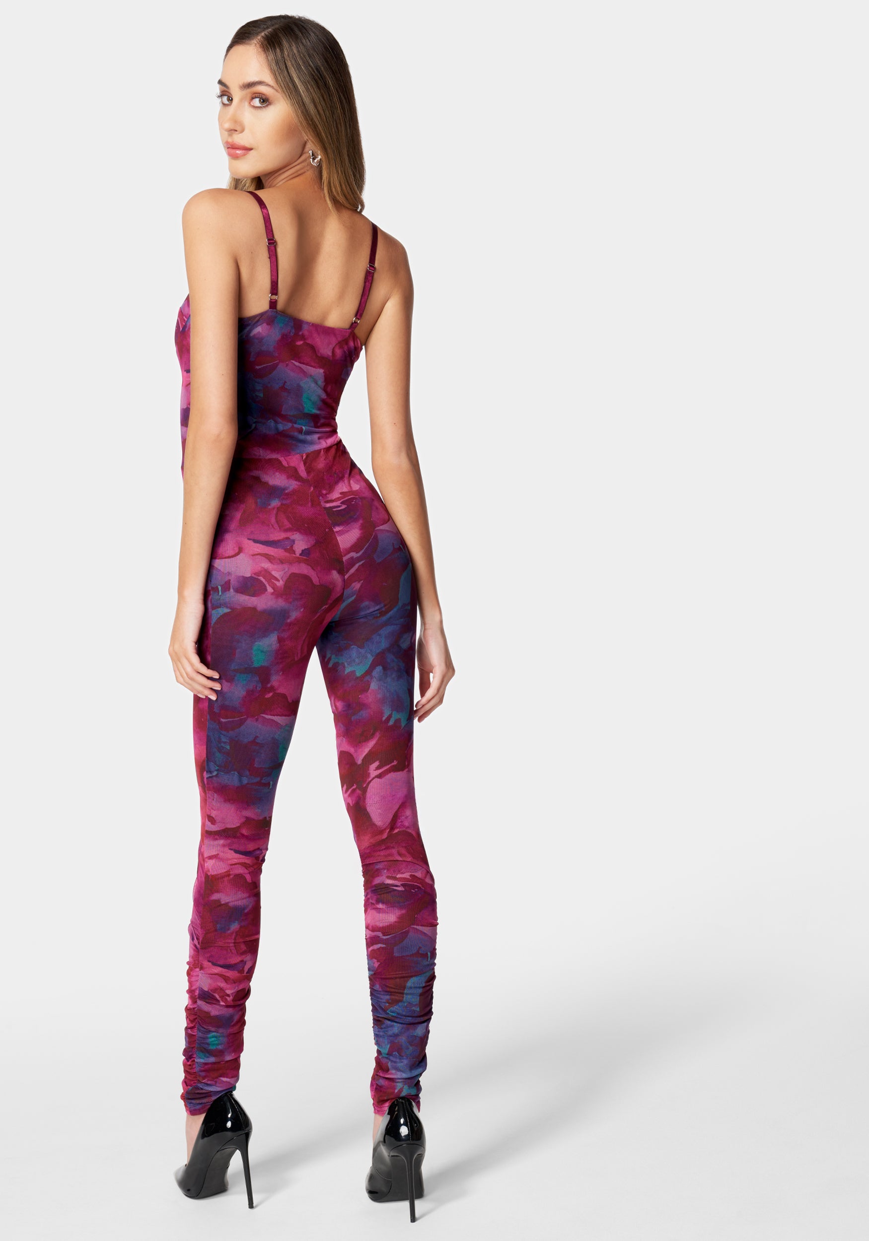 Printed Sleeveless Mesh Corset Jumpsuit