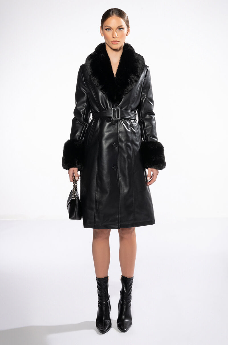 AZALEA WANG MARBOLO PU TRENCH WITH FAUX FUR TRIM