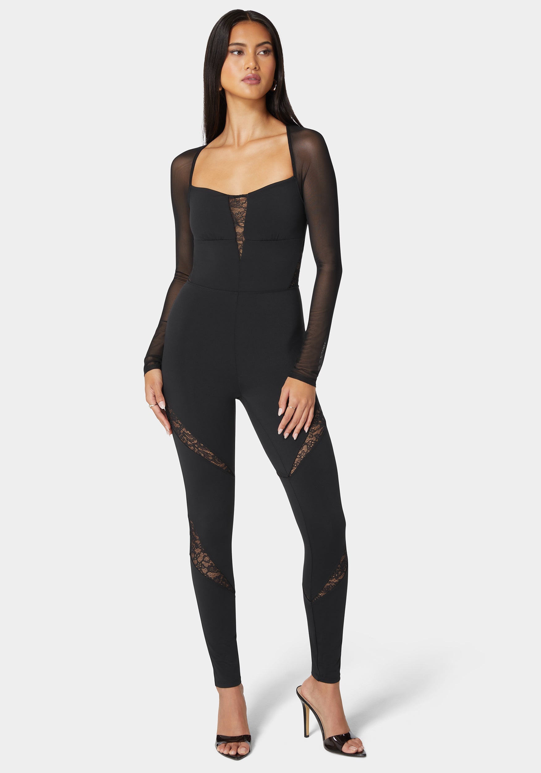 Mesh Sleeve Lace Insert Catsuit