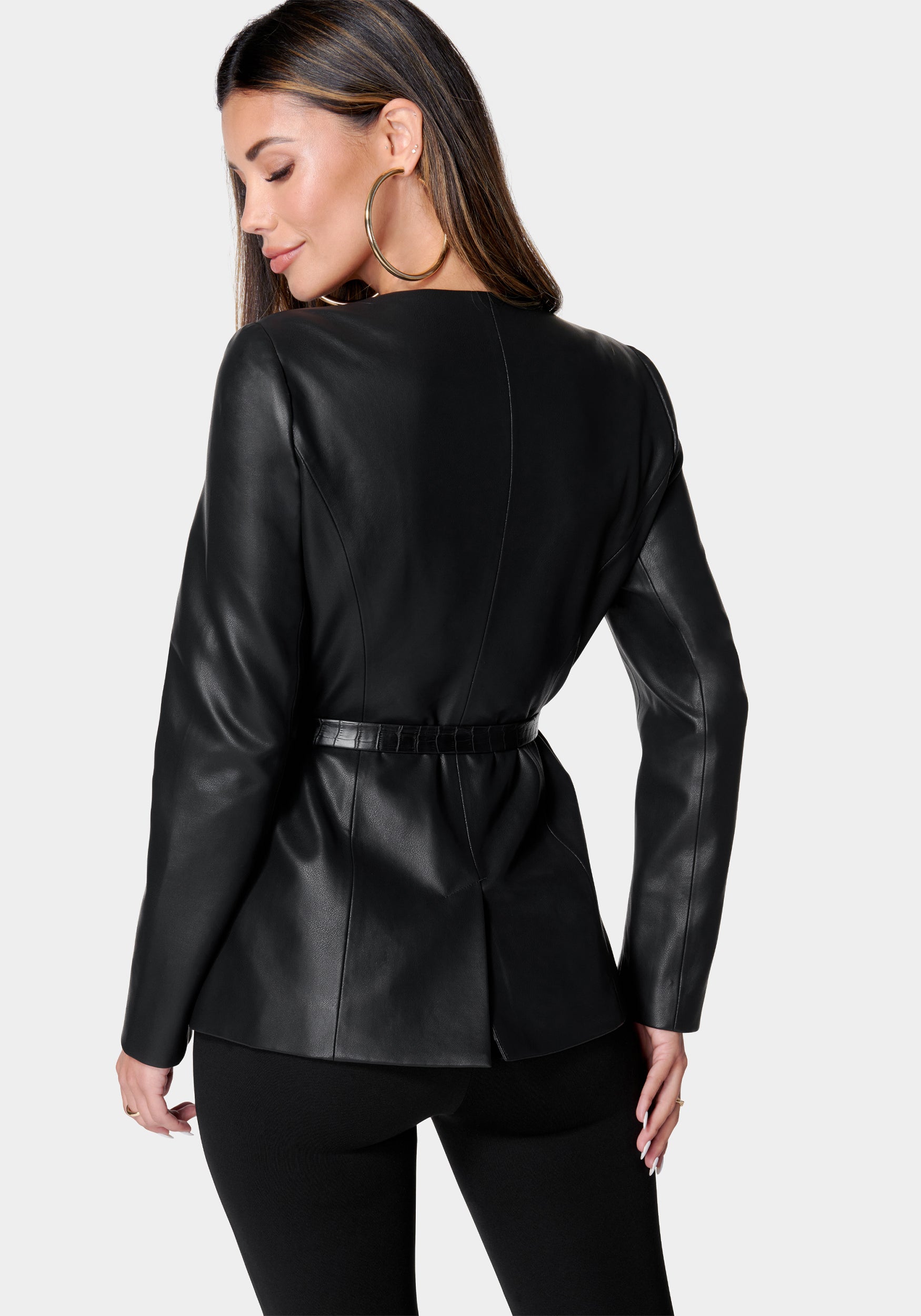 Vegan Leather Fitted Jacket With Belt