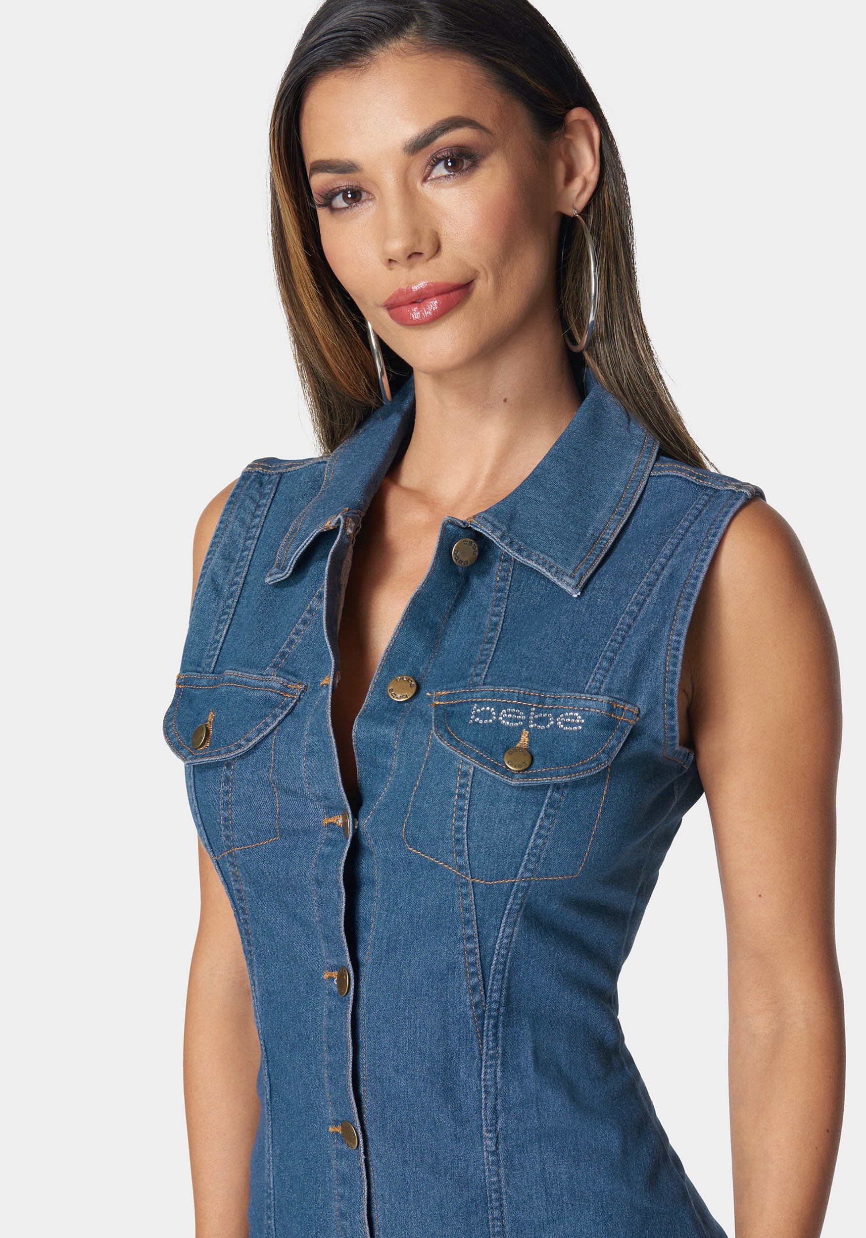 Sleeveless Front Button Denim Dress