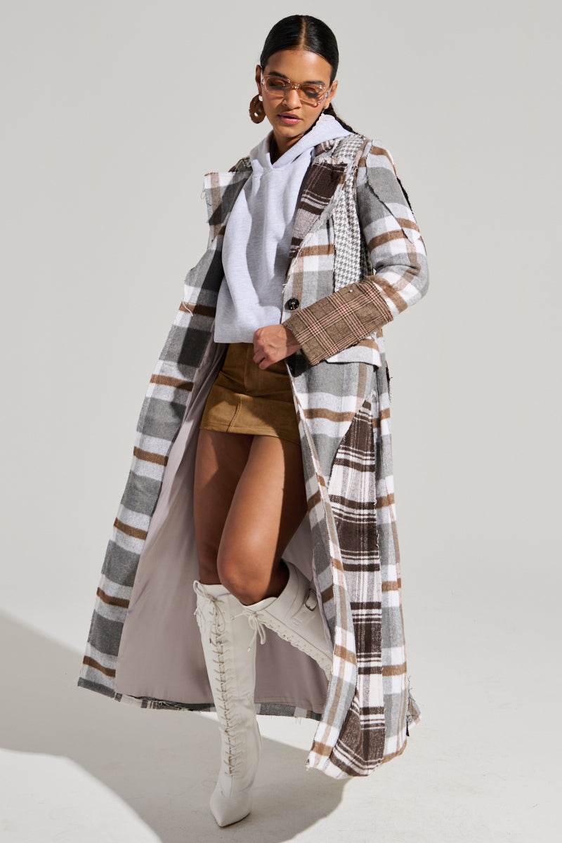 MIXED PLAID NOT FEELINGS PATCHWORK TRENCH