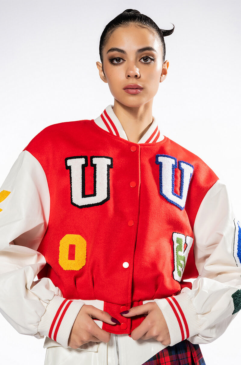 DOUBLE U PATCH WORK VARSITY BOMBER