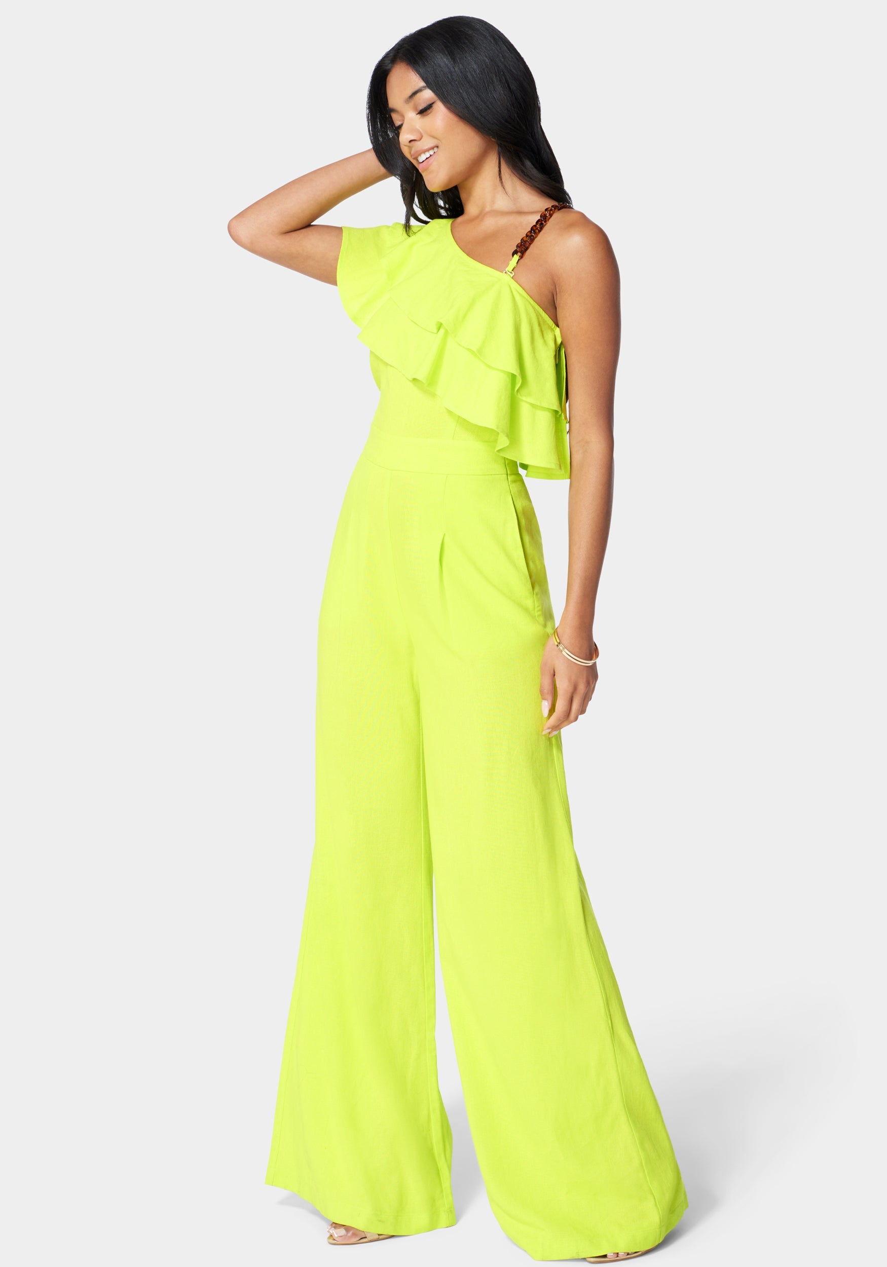 Asymmetric Ruffle Neck Wide Leg Jumpsuit