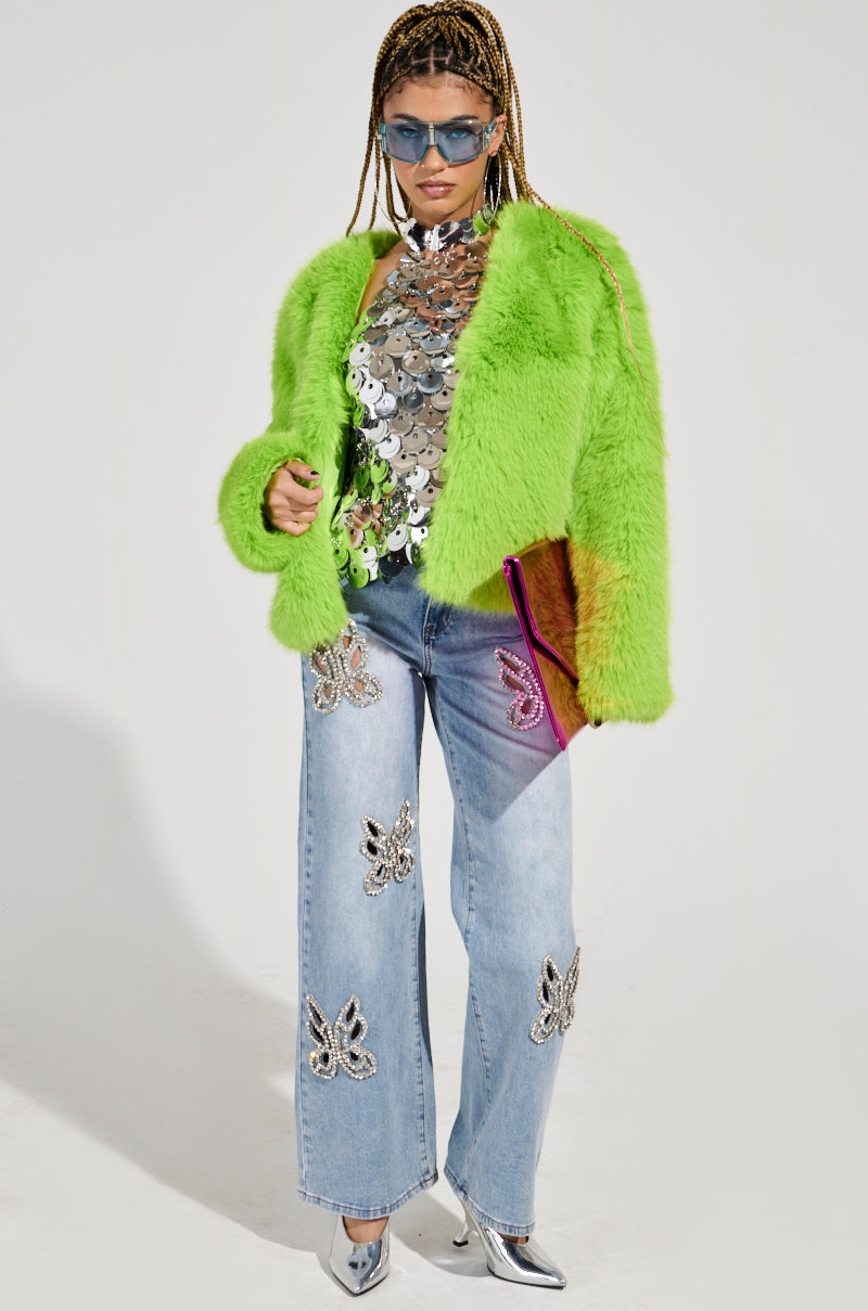 SLIME TIME FAUX FUR COAT IN LIME