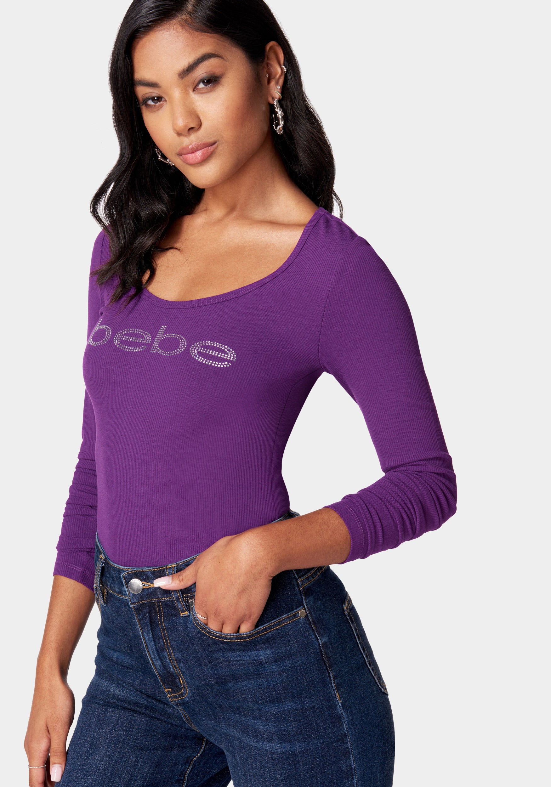 Long Sleeve Scoop Neck Bebe Logo Rib Top