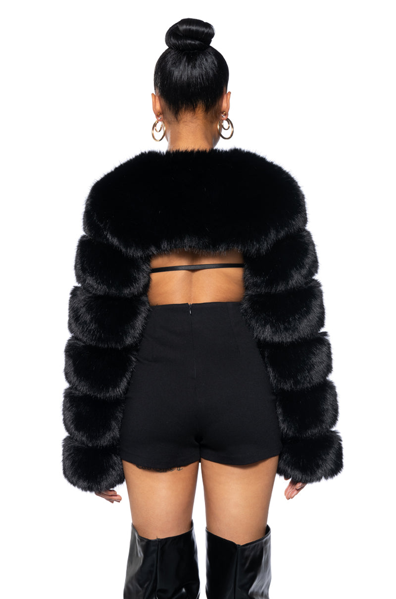 LADIES NIGHT ULTRA CROP FAUX FUR JACKET