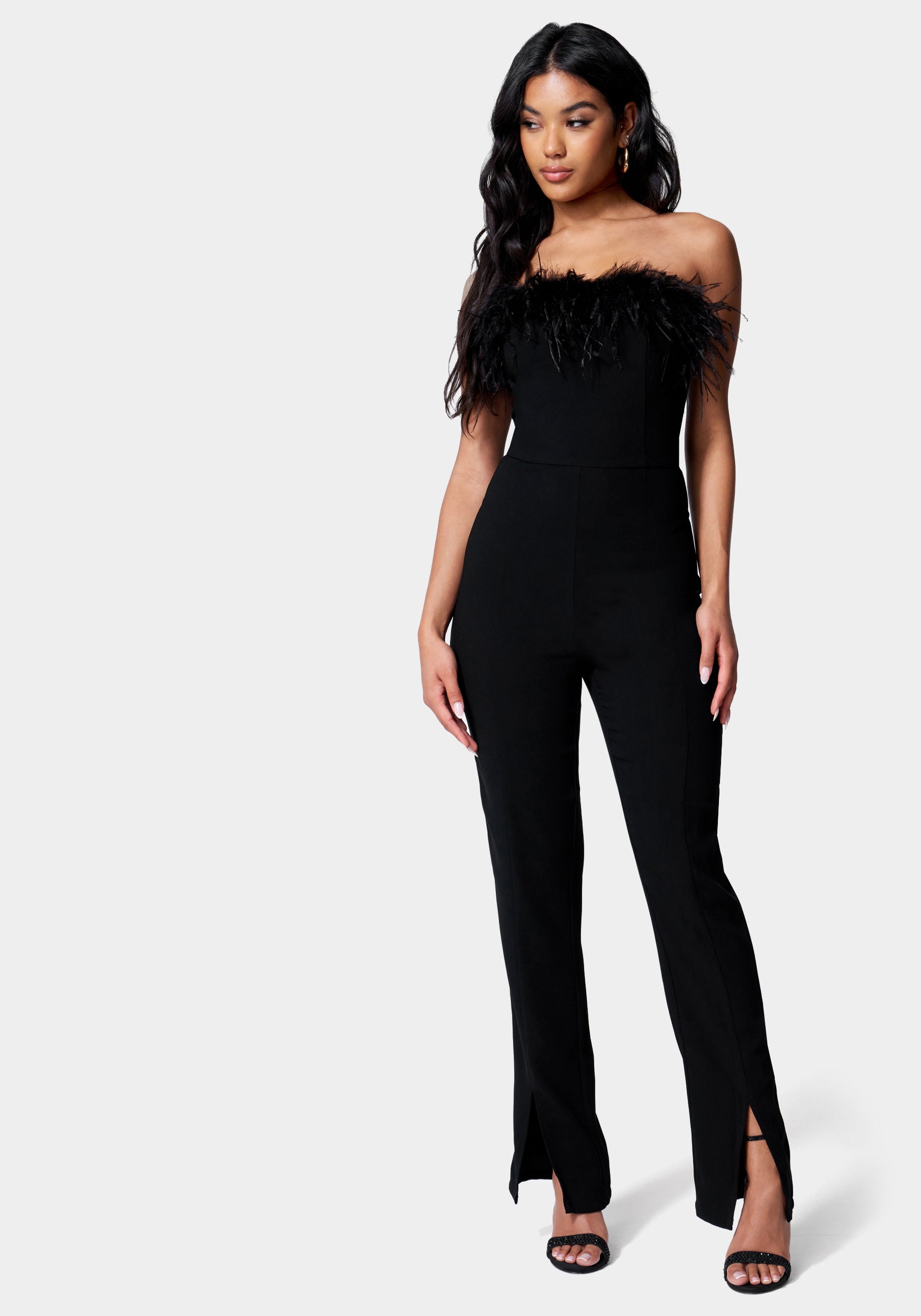 Feather Trim Split Hem Jumpsuit