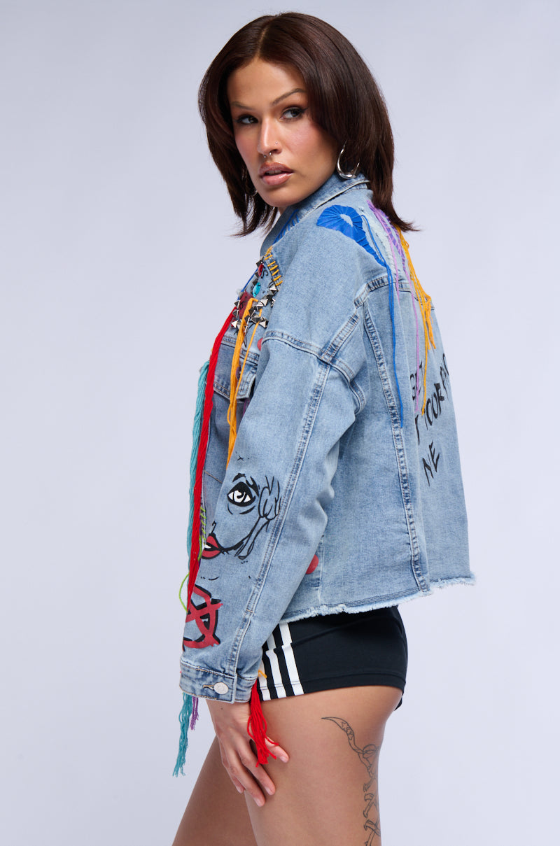 LOST IN THE CITY STUDDED YARN APPLIQUE DENIM JACKET