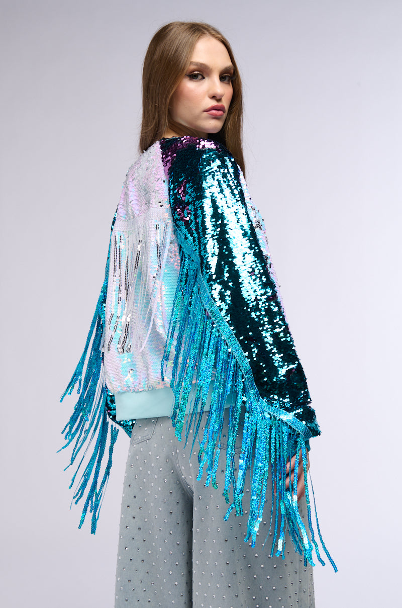 SHAKE IT SEQUIN BOMBER WITH FRINGE