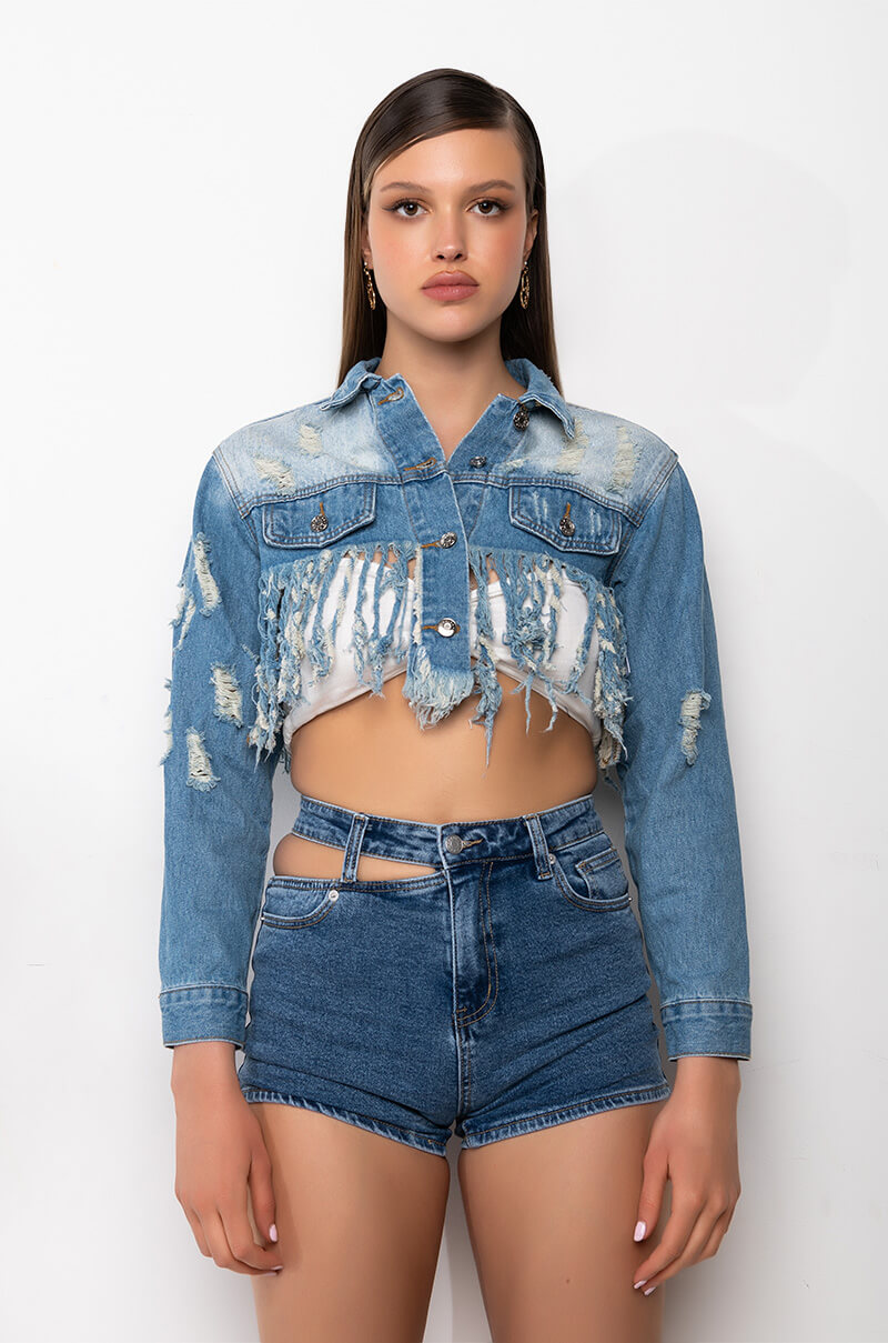 LIFE IS GOOD DISTRESSED CROP DENIM JACKET