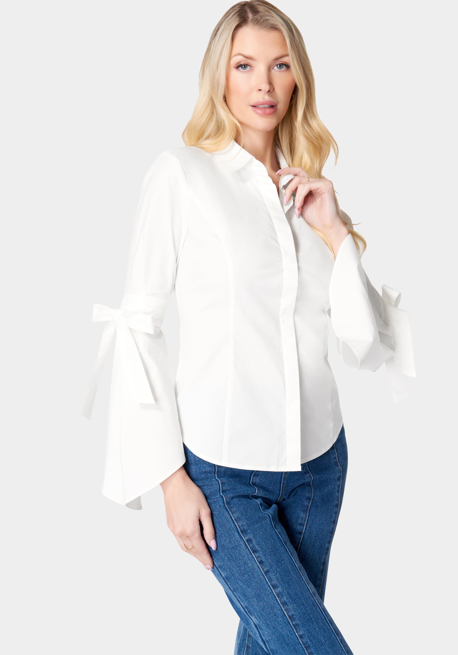 Button Down Bell Sleeve Poplin Blouse