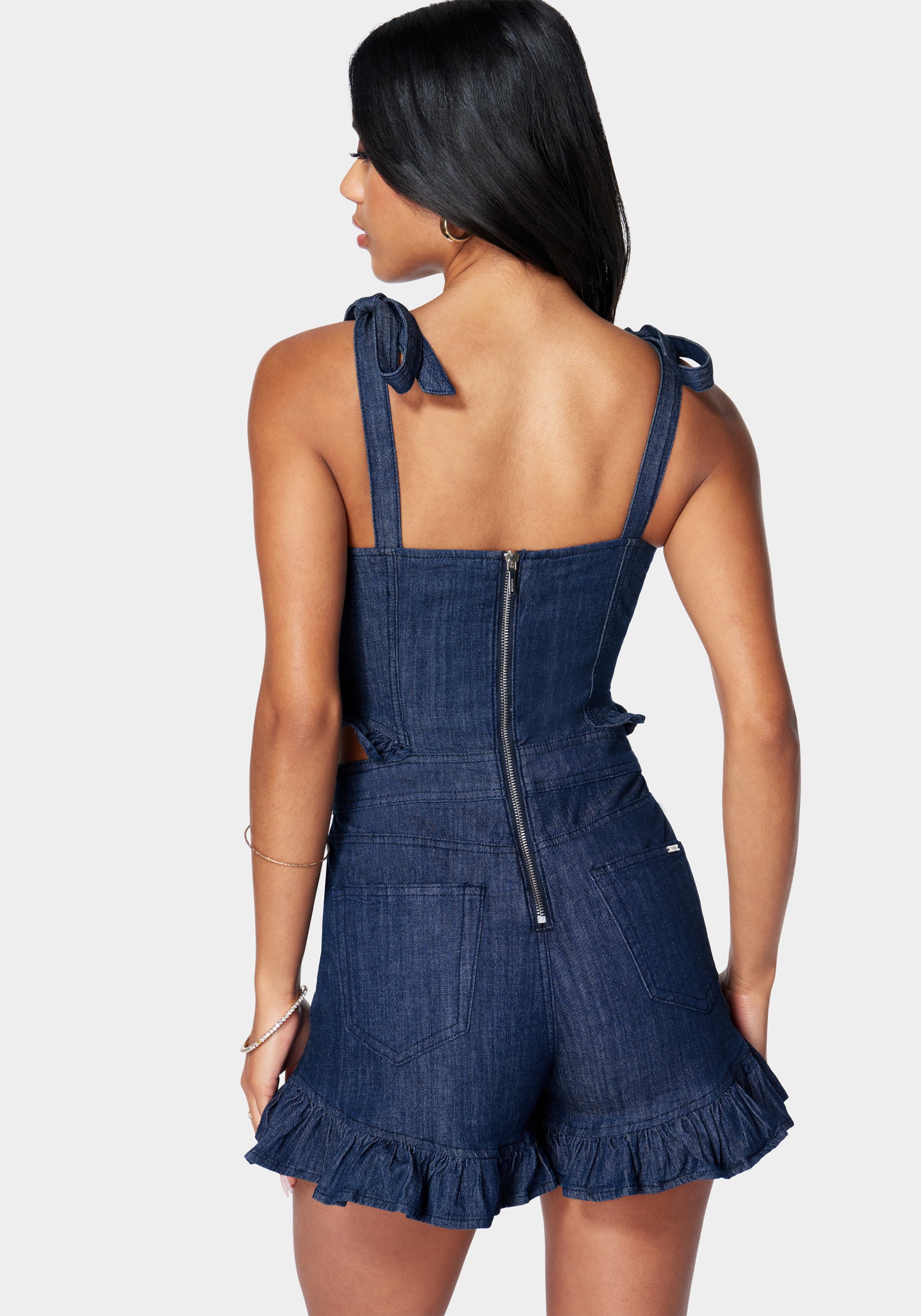 Tie Strap Ruffle Detail Denim Romper