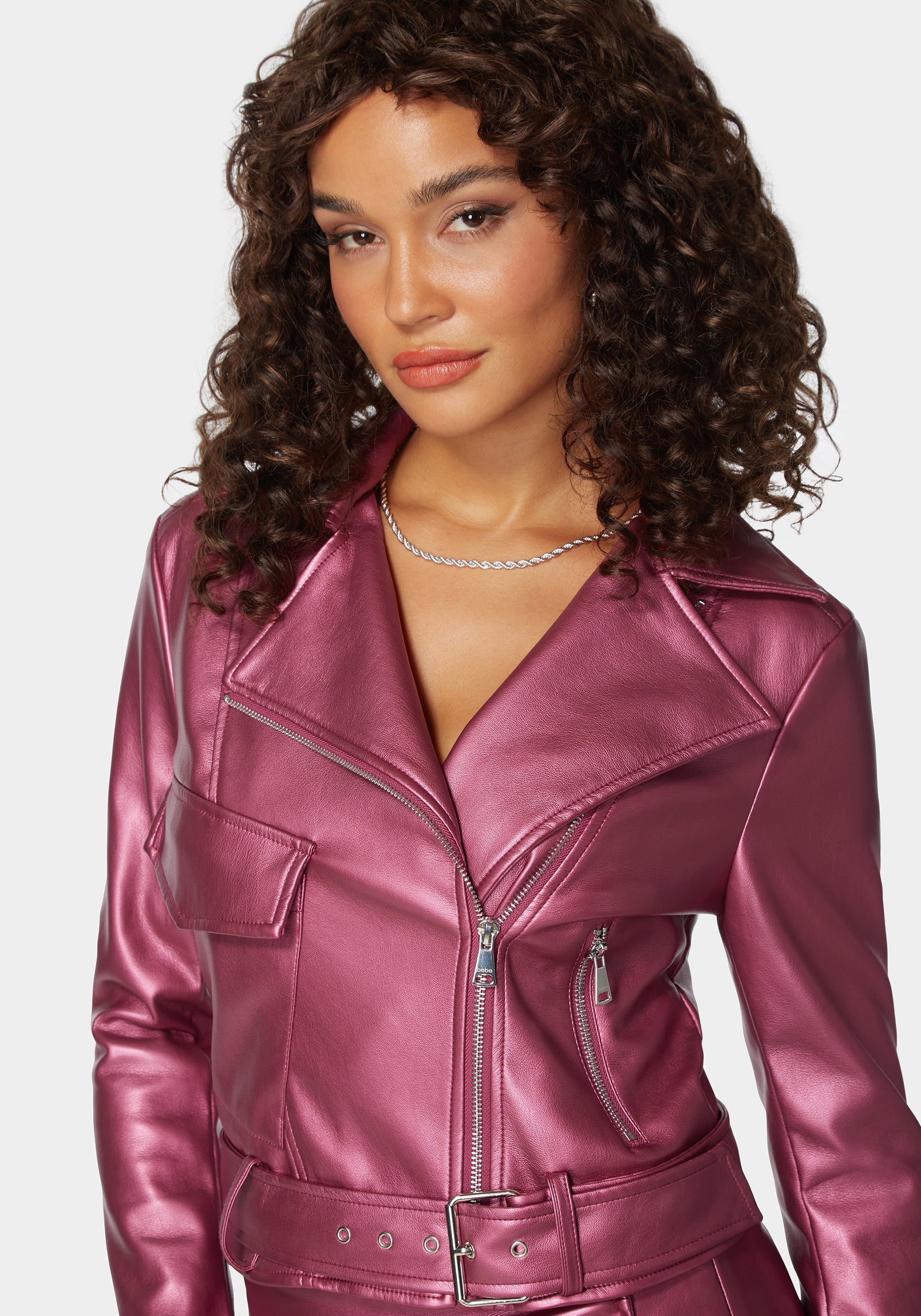 Metallic Vegan Leather Zipper Detail Moto Jacket