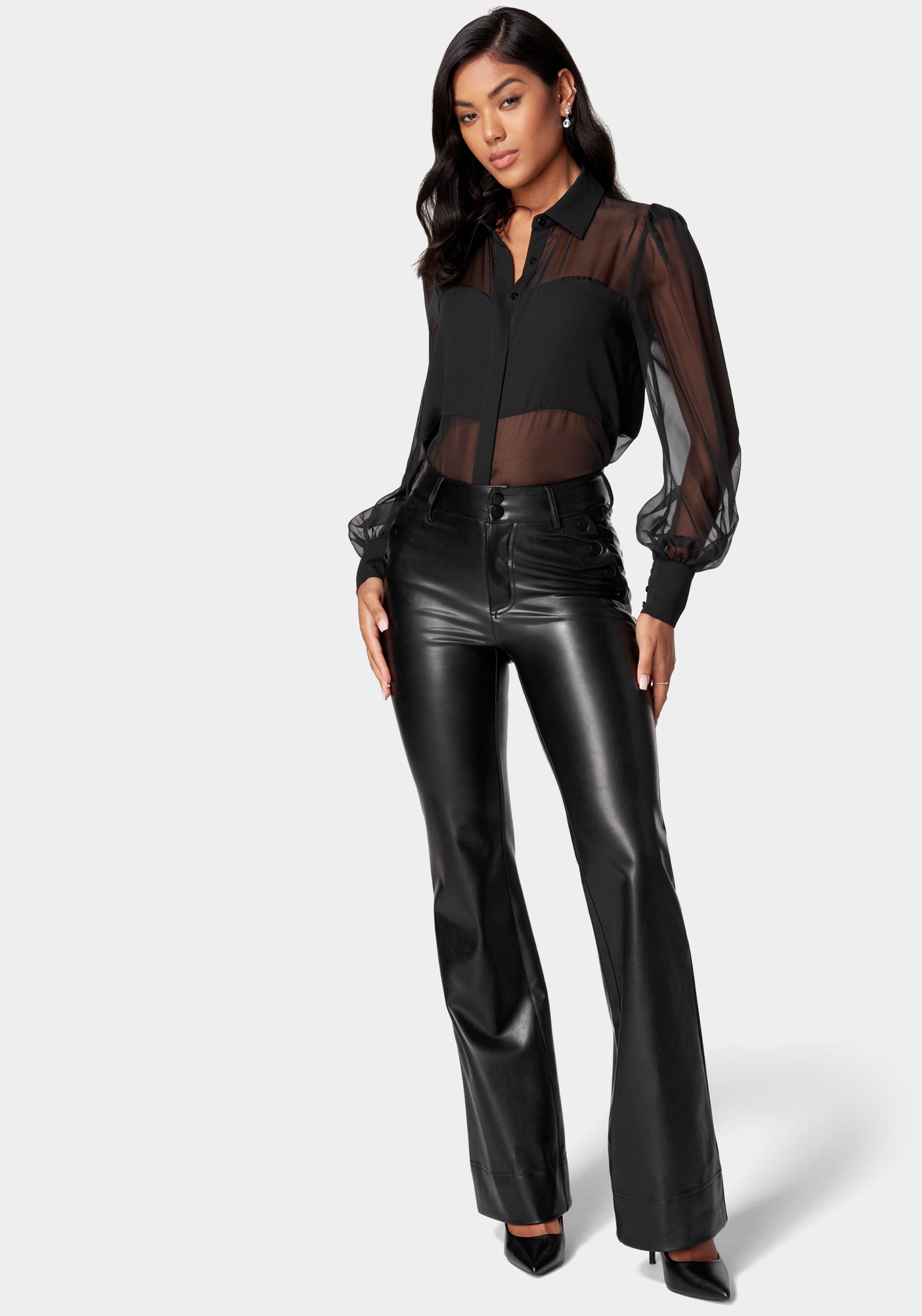 High Waist Flared Leg Vegan Leather Pant