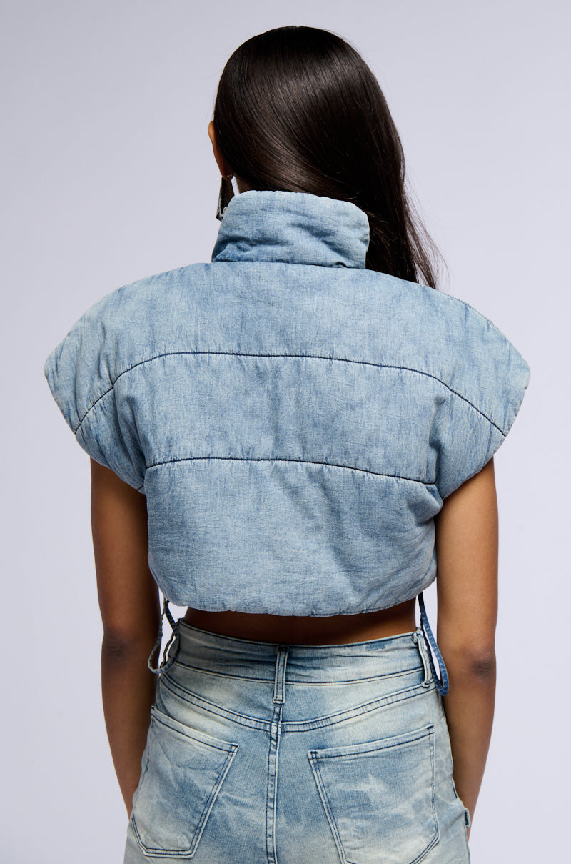 ULTRA CROP DENIM VEST WITH PULL STRINGS