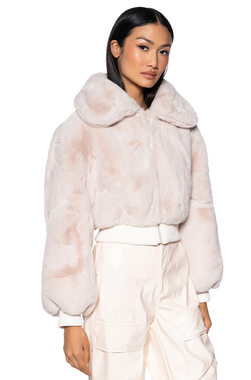 DREW FAUX FUR BOMBER WITH RIB TRIM