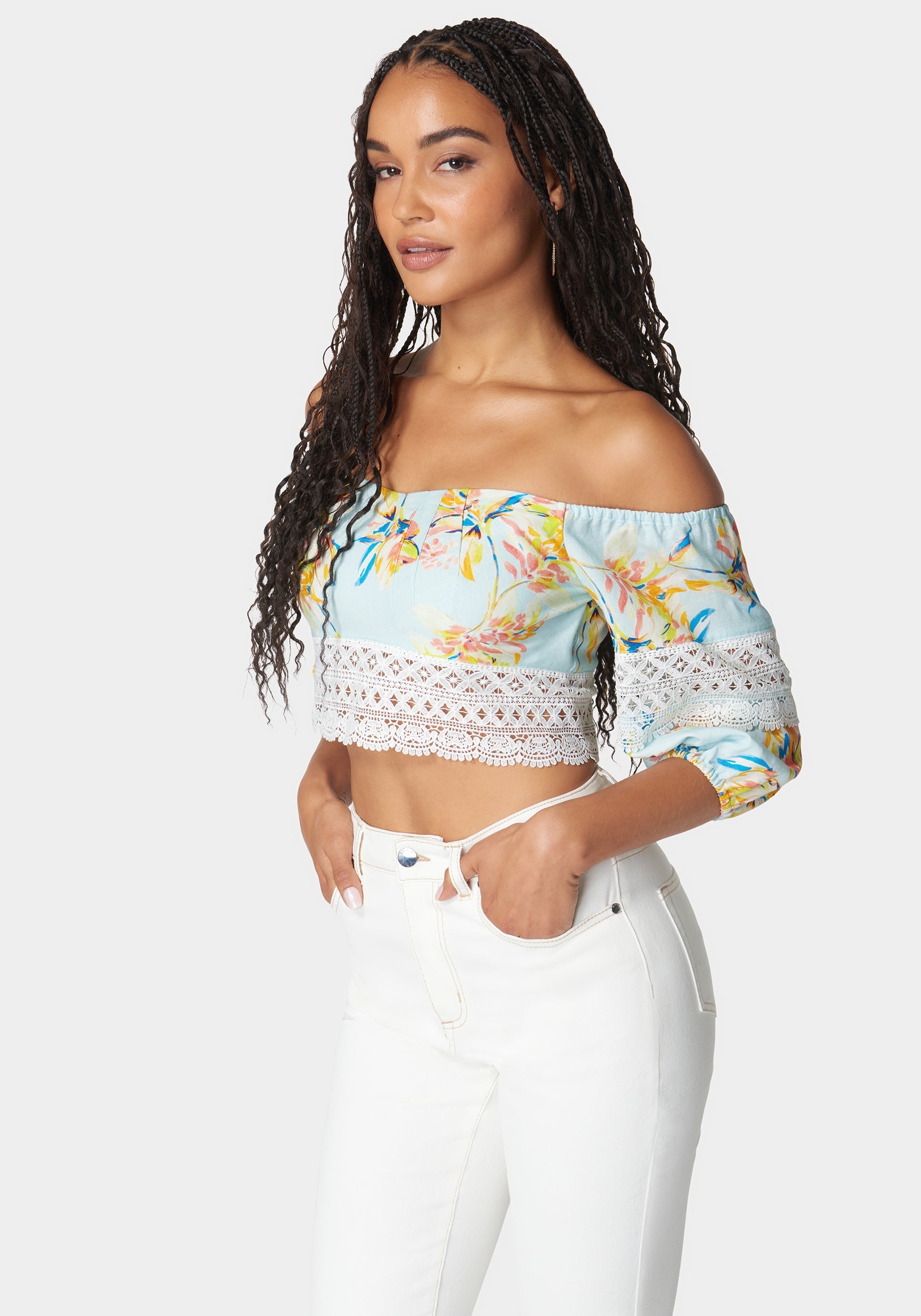 Off Shoulder Crochet Lace Detail Linen Top