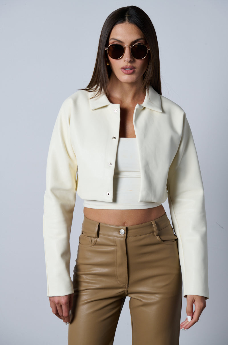 DRESSY CROPPED FAUX LEATHER BLAZER IN IVORY